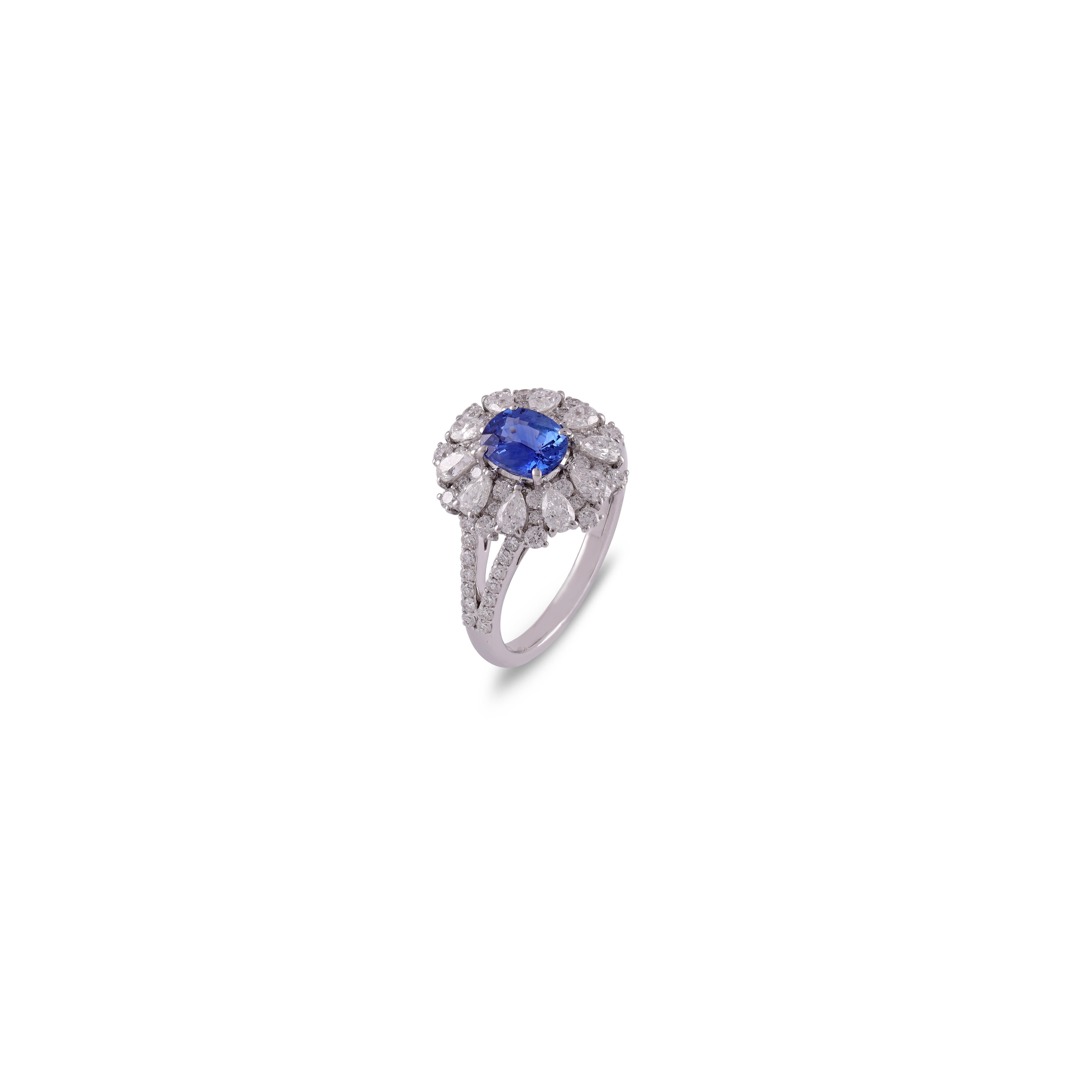 Oval Cut 1.13 Carat Blue Sapphire and Diamond Ring in 18 Karat White Gold For Sale
