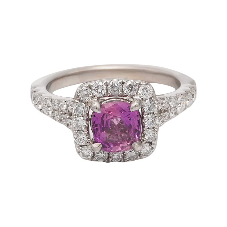 1.13 Carat Cushion Cut Natural Pink Sapphire & Diamond Halo Ring For Sale