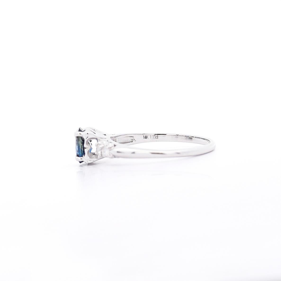 Women's 1.13 Carat Cushion Cut Sapphire & Side Diamond in 14K White Gold Engagement Ring For Sale