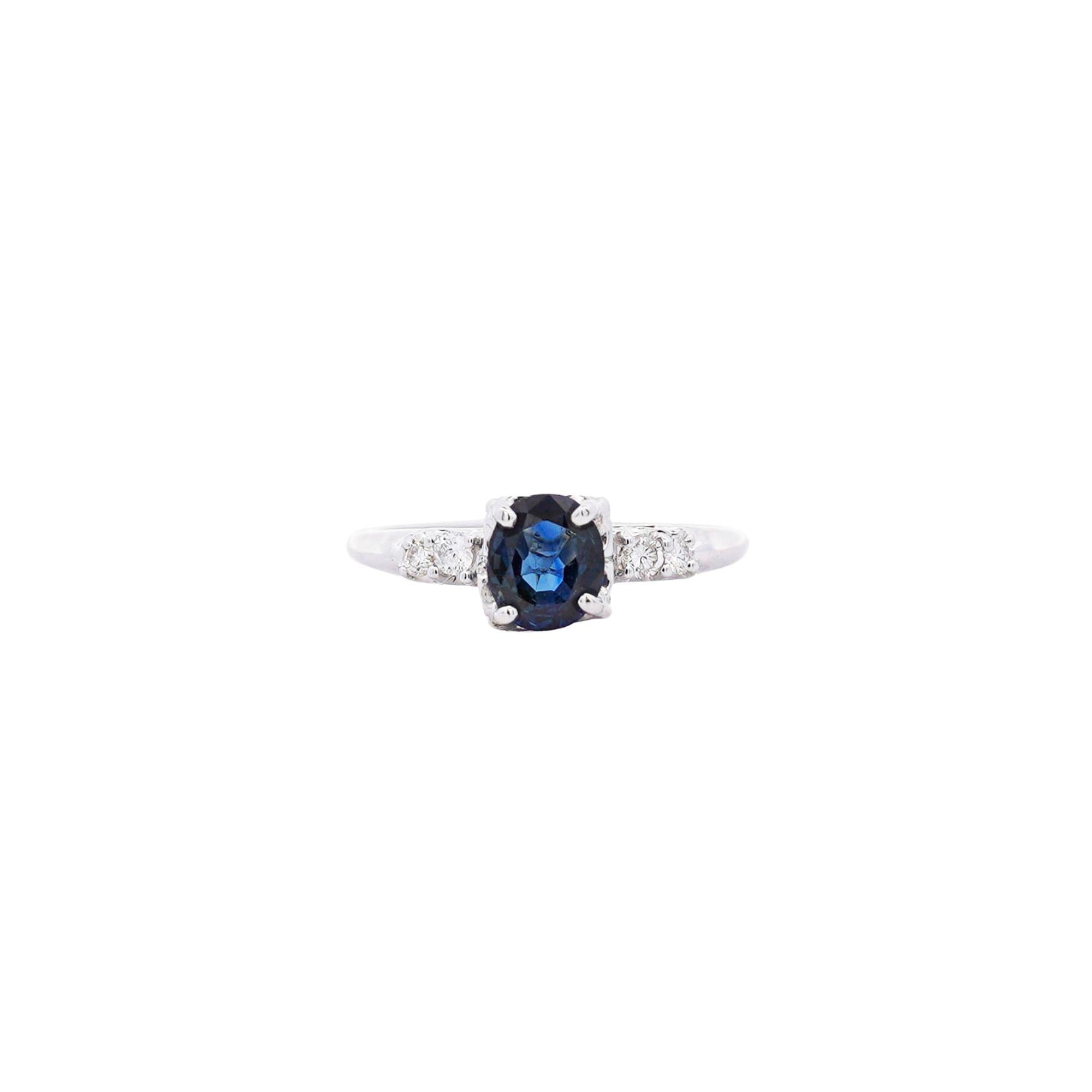 1.13 Carat Cushion Cut Sapphire & Side Diamond in 14K White Gold Engagement Ring For Sale 1