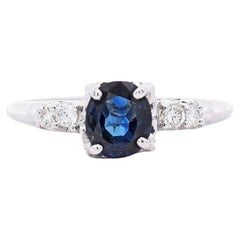 1.13 Carat Cushion Cut Sapphire & Side Diamond in 14K White Gold Engagement Ring