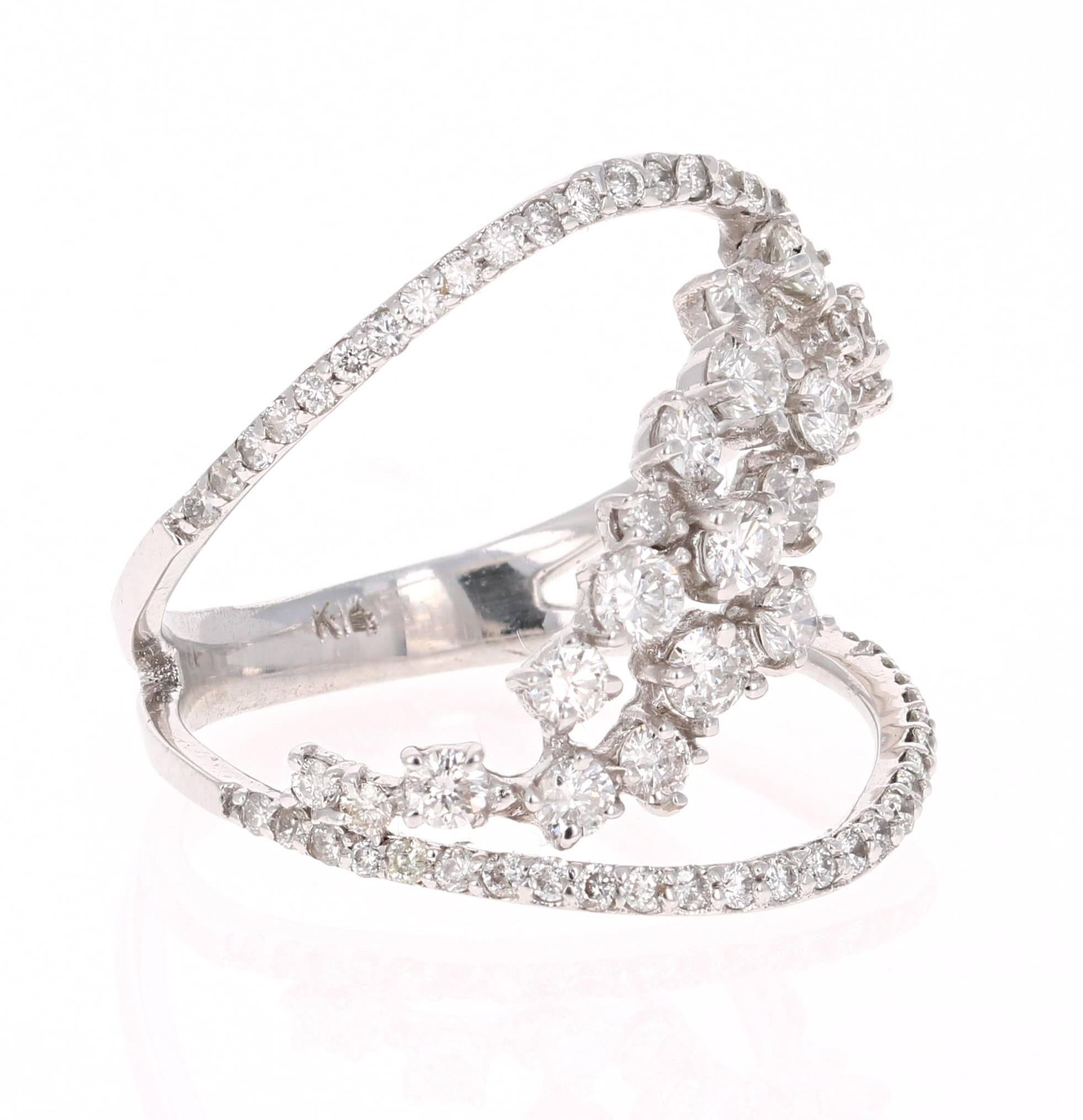 A gorgeous cocktail ring with a setting that sits well on the index, middle or ring fingers! Very much on trend with the modern day rings. Can be worn as a statement ring which screams out #bossbabe #bosslady
The ring has 74 Round Cut Diamonds that