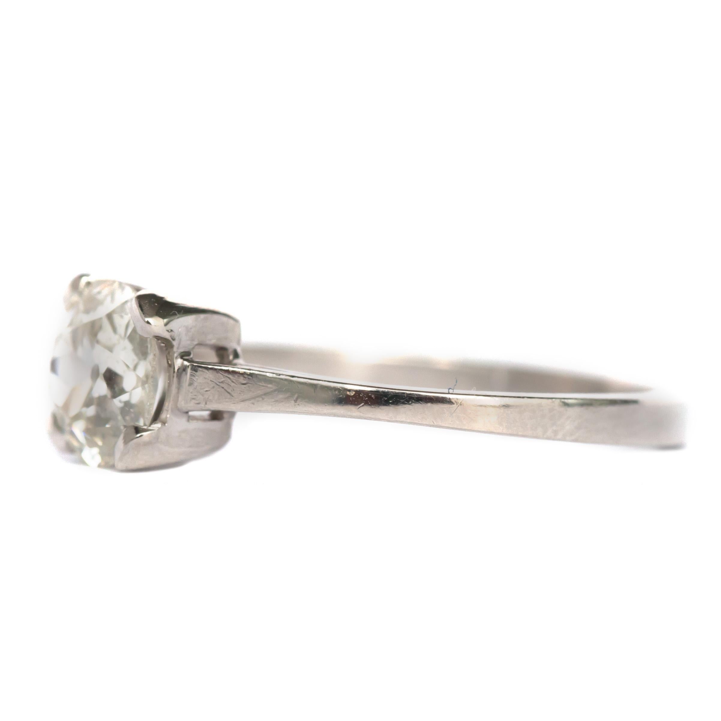 Ring Size: 8.5
Metal Type: Platinum
Weight: 3.6 grams

Center Diamond Details
Shape: Antique Cushion
Carat Weight: 1.13 carat
Color: J
Clarity: SI2

Finger to Top of Stone Measurement: 5.06mm