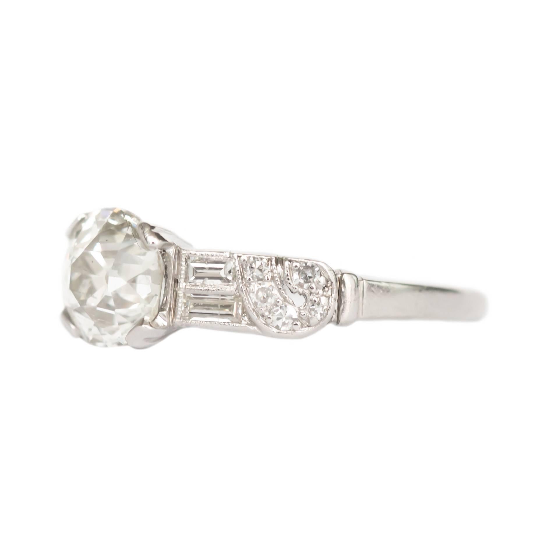 Item Details: 
Ring Size: 6
Metal Type: Platinum 
Weight: 2.9 grams

Center Diamond Details
Shape: Old European 
Carat Weight: 1.13 carat
Color: I
Clarity: SI2

Side Stone Details: 
Shape: Antique Single Cut and Antique Straight Baguette 
Total