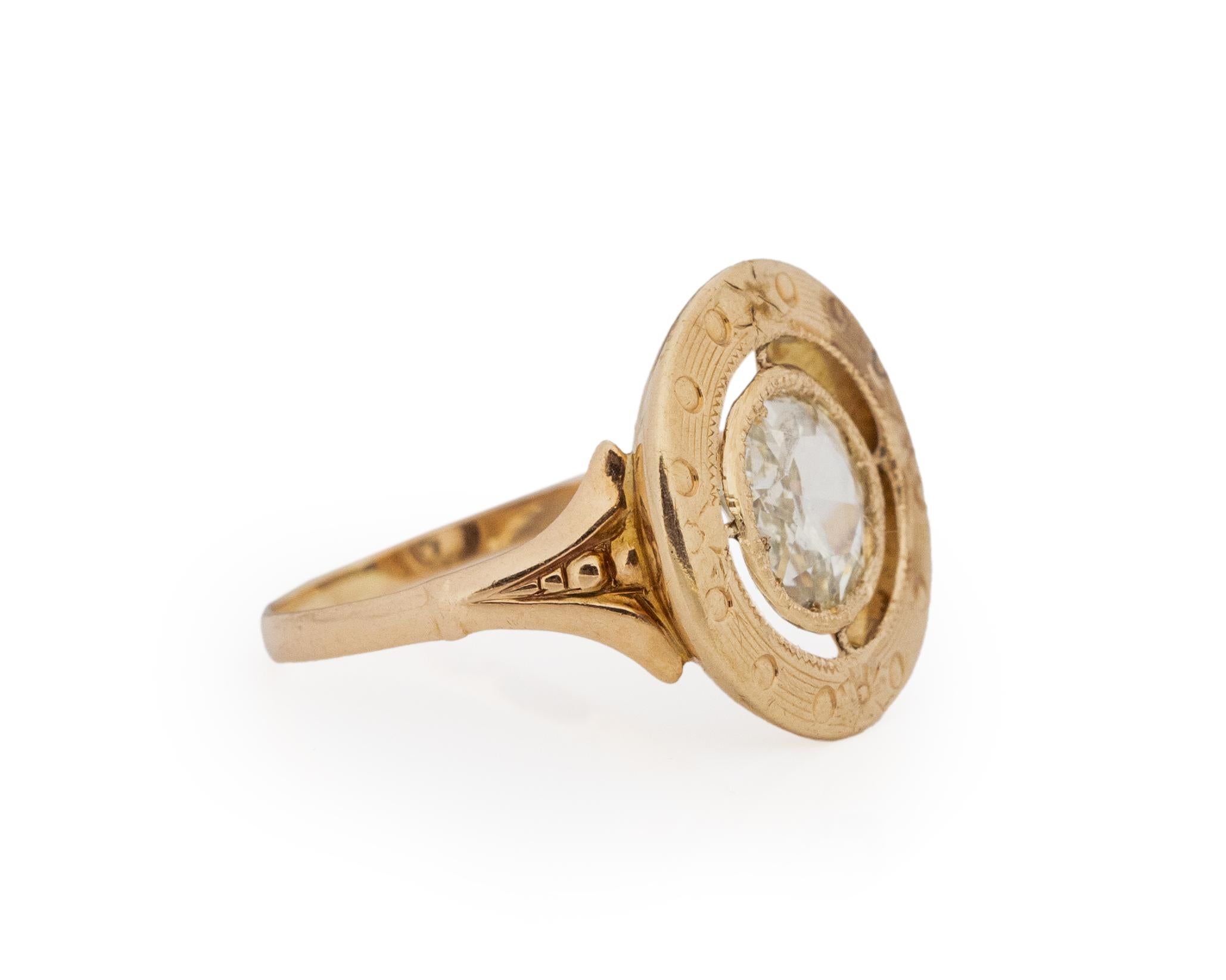Ring Size: 6.75
Metal Type: 14Karat Yellow Gold [Hallmarked, and Tested]
Weight: 3.0 grams

Center Diamond Details:
Weight: 1.13carat
Cut: Rose Cut
Color: L/M
Clarity: VS1

Finger to Top of Stone Measurement: 3mm
Condition: Excellent