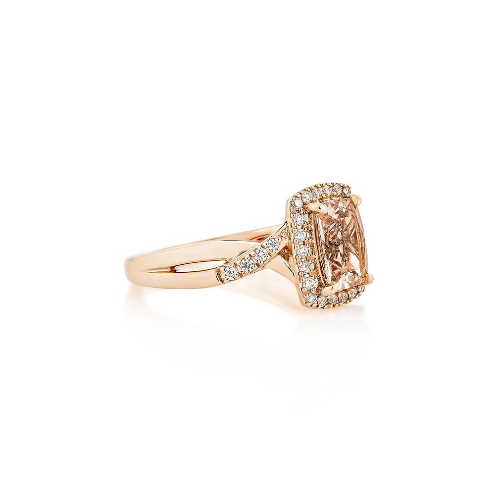 This collection includes a range of Morganite, which is a symbol of love and relationships, making it an excellent choice for a variety of applications. Accented with White Diamonds this ring is made in Rose Gold and present a classic yet elegant