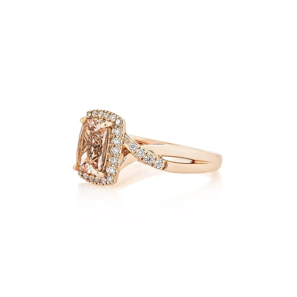Cushion Cut 1.13 Carat Morganite Fancy Ring in 18Karat Rose Gold with White Diamond.   For Sale