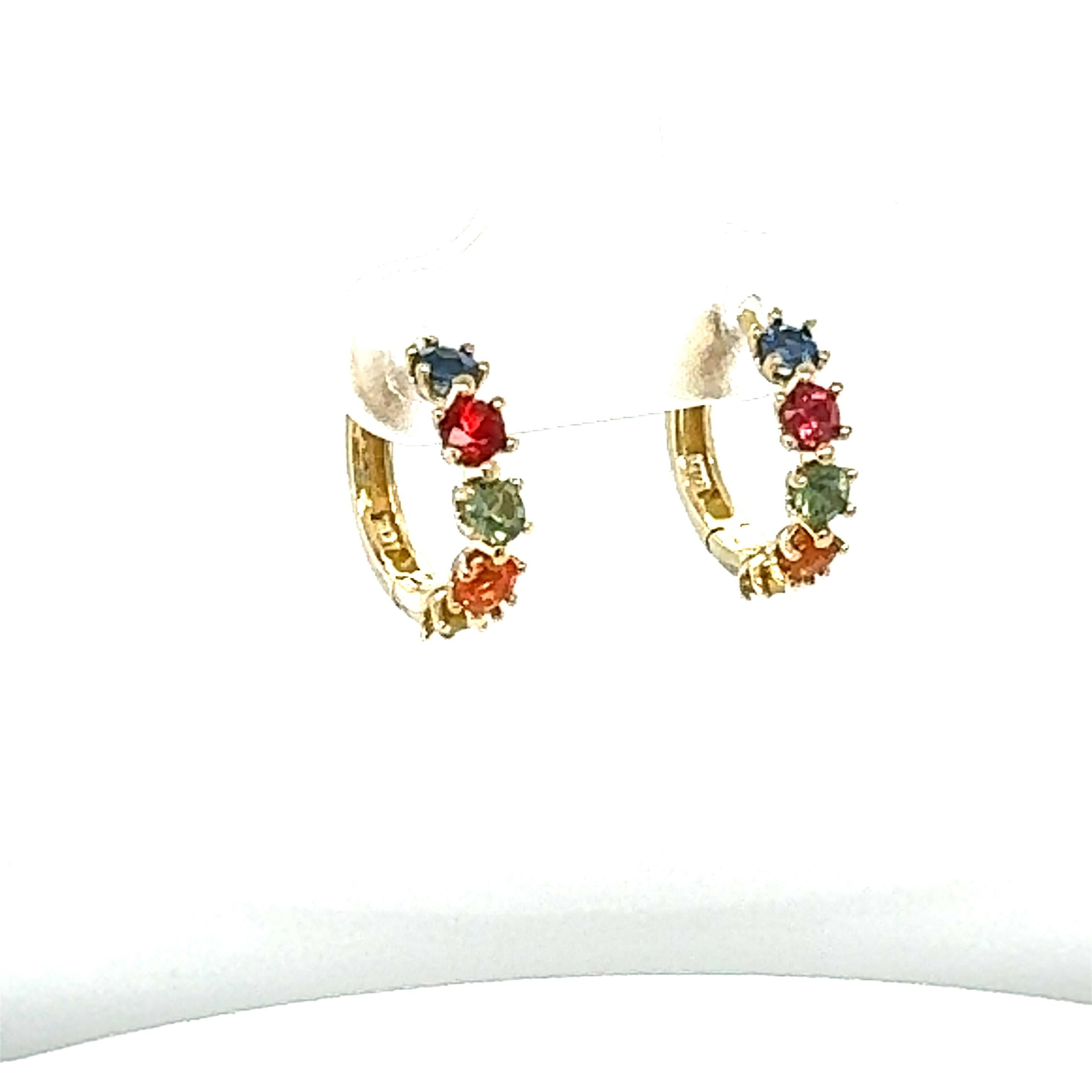 Contemporary 1.13 Carat Multicolor Sapphire Yellow Gold Huggy Earrings For Sale