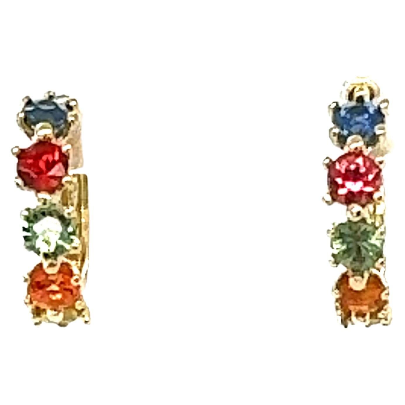 1.13 Carat Multicolor Sapphire Yellow Gold Huggy Earrings For Sale