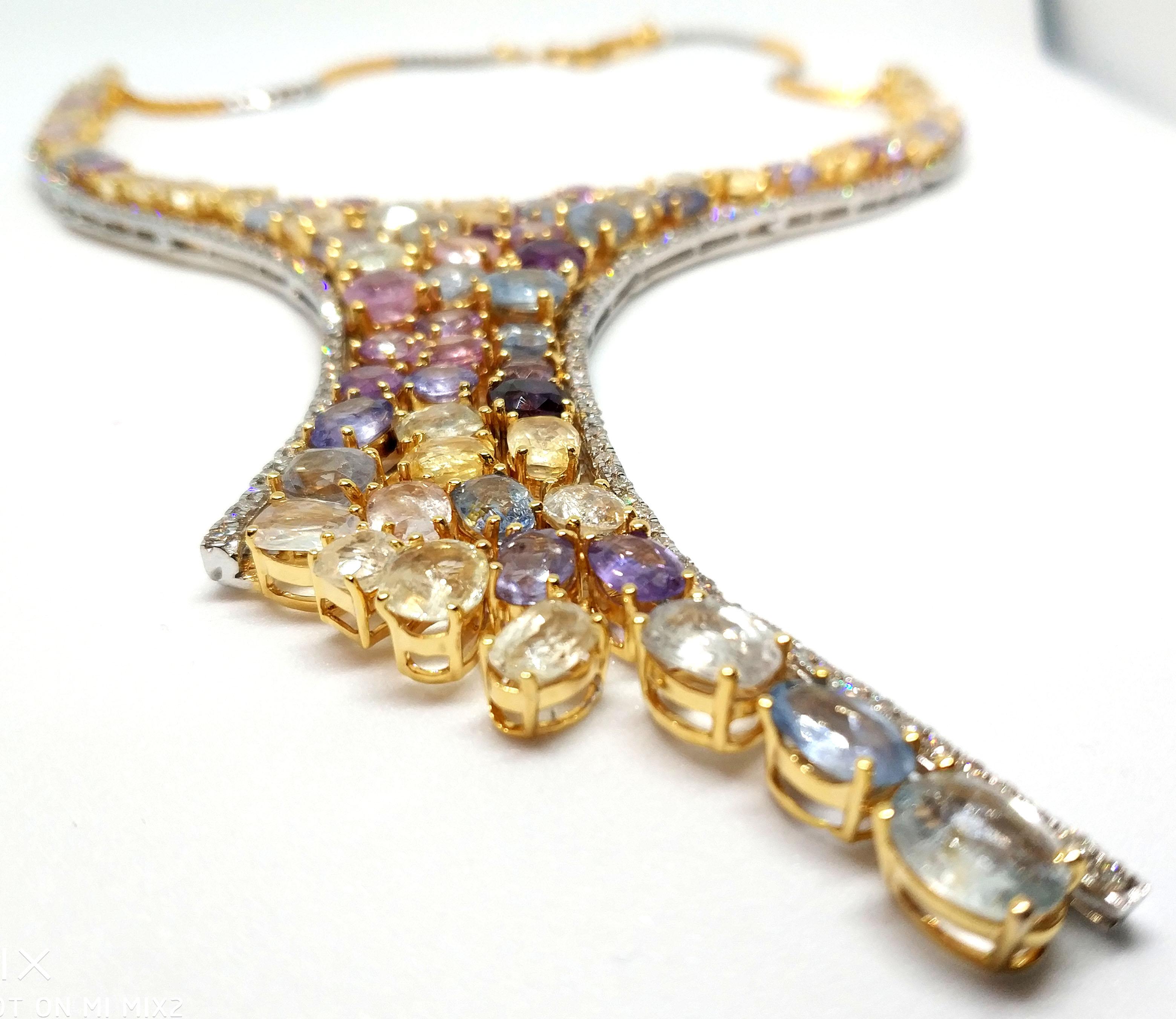 113 Carat Multicolored Sapphire and Diamond Necklace in Hourglass Design For Sale 4