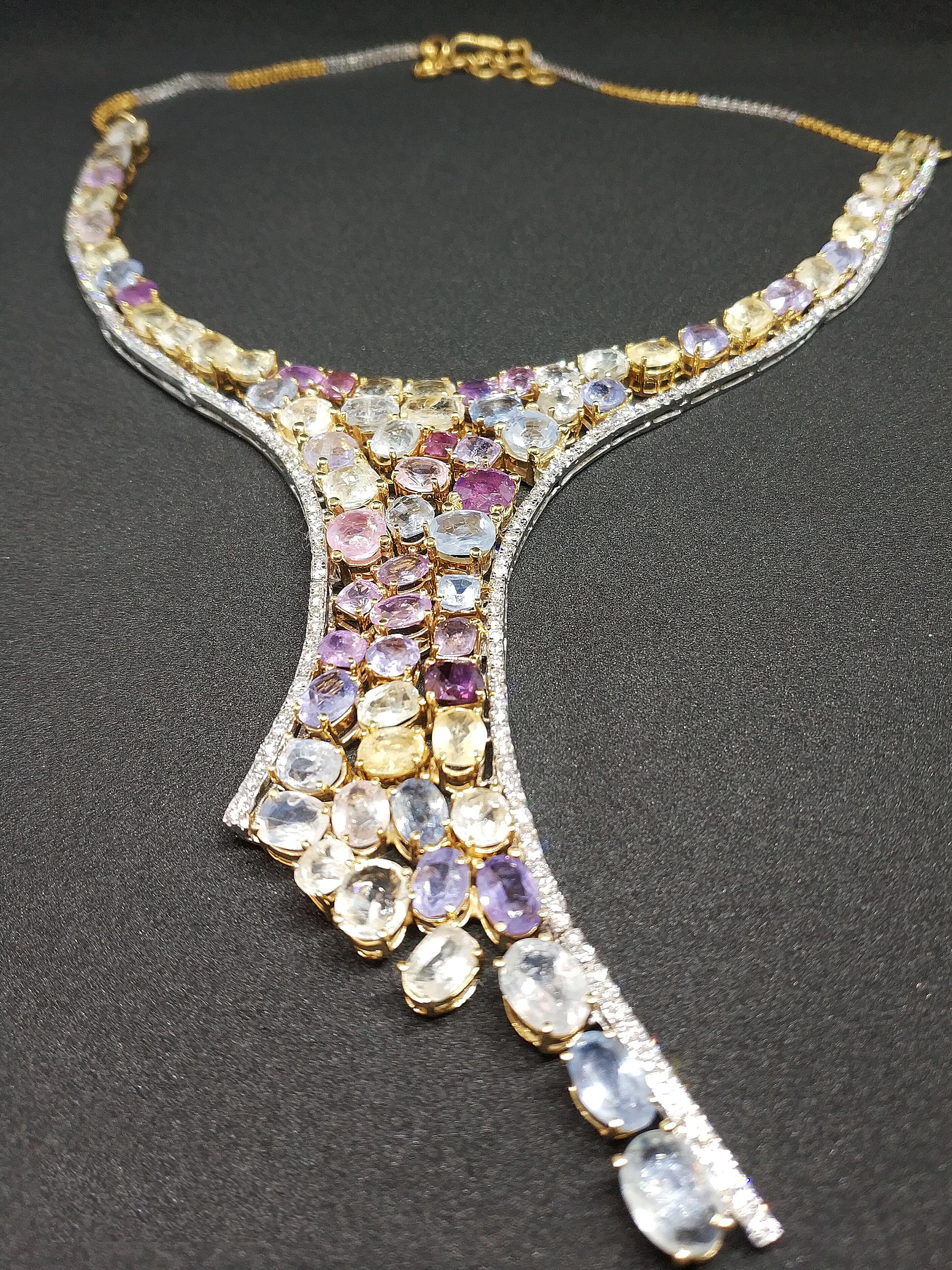 113 Carat Multicolored Sapphire and Diamond Necklace in Hourglass Design For Sale 5