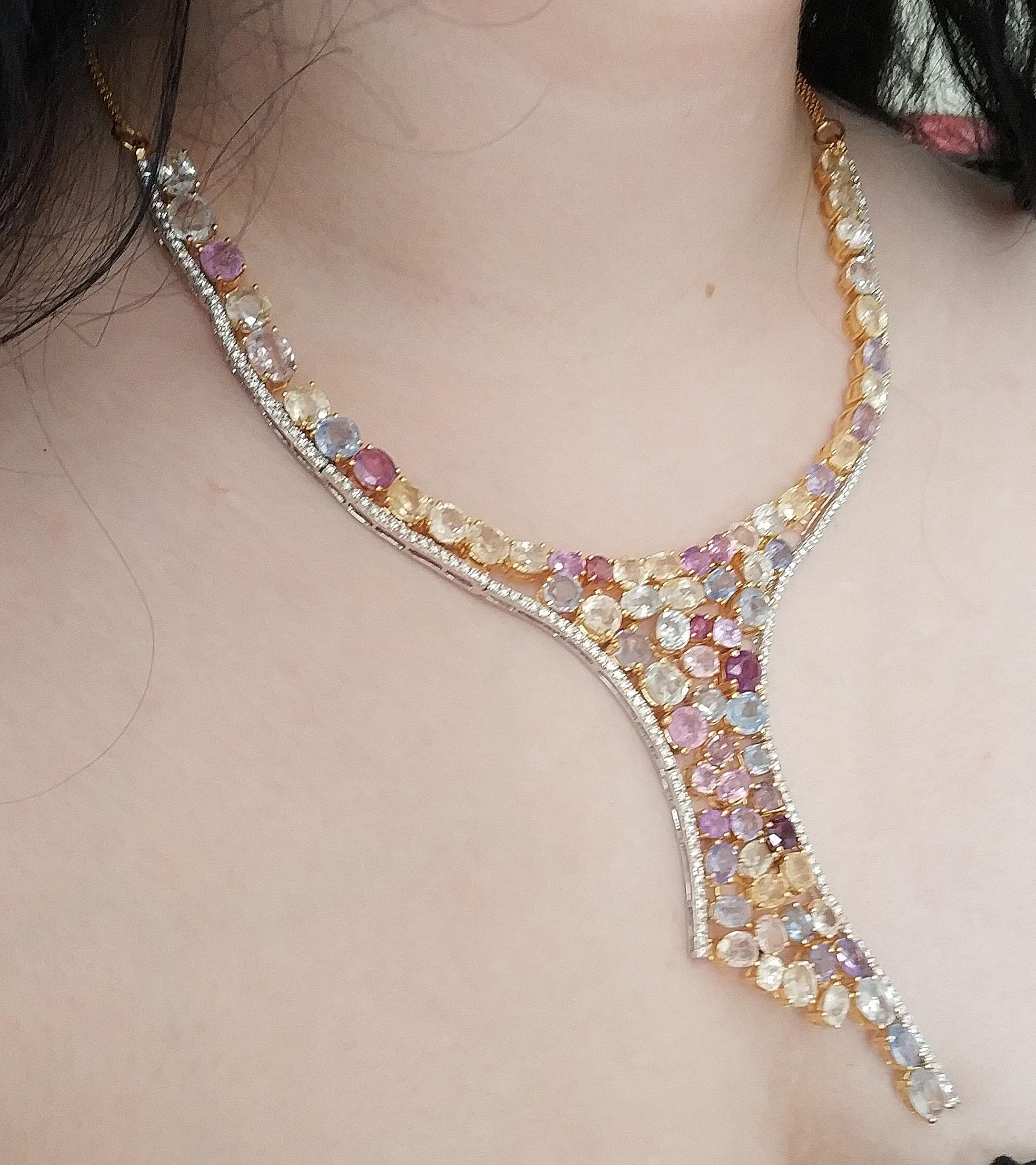 Anglo-Indian 113 Carat Multicolored Sapphire and Diamond Necklace in Hourglass Design For Sale
