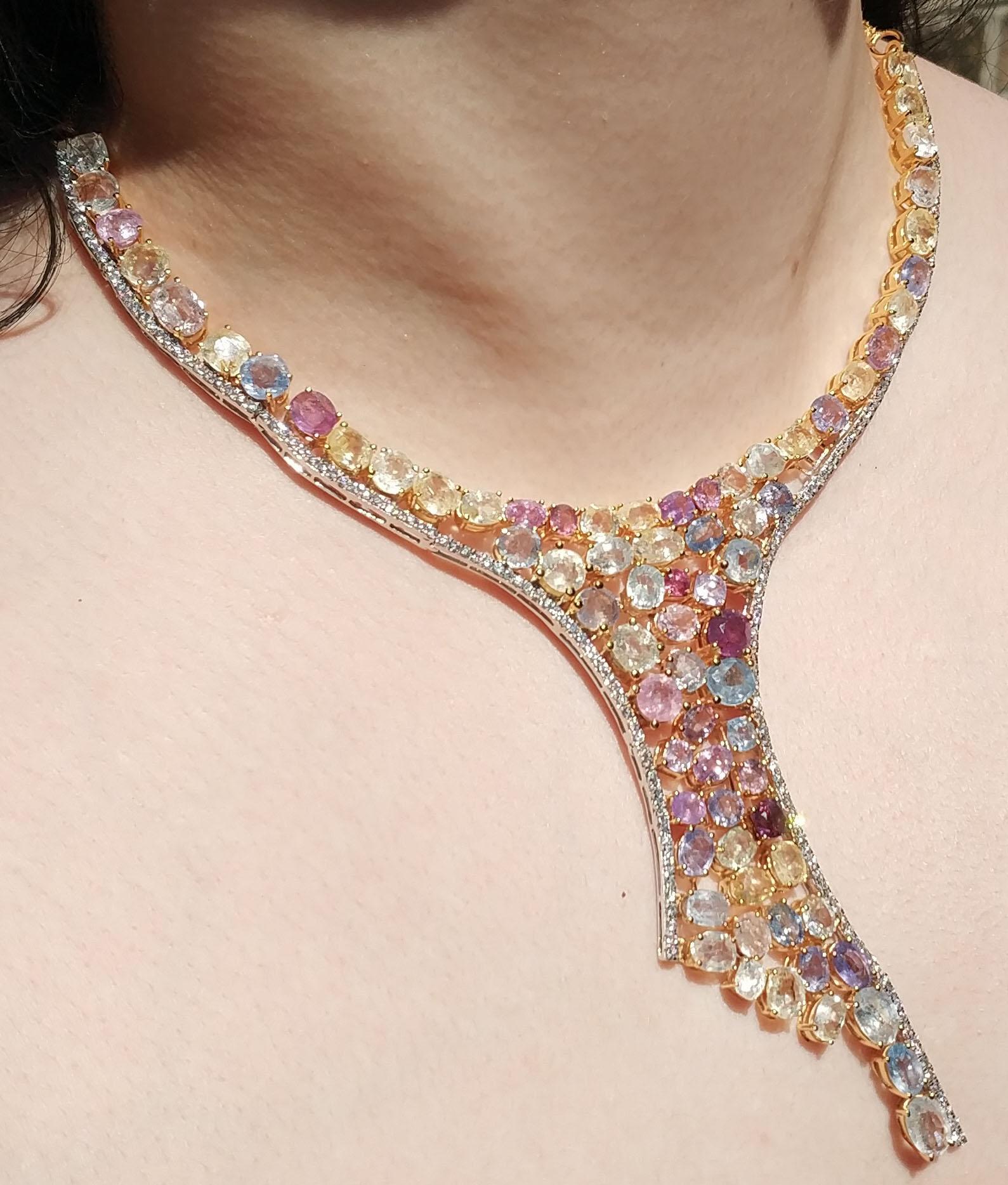 113 Carat Multicolored Sapphire and Diamond Necklace in Hourglass Design For Sale 1