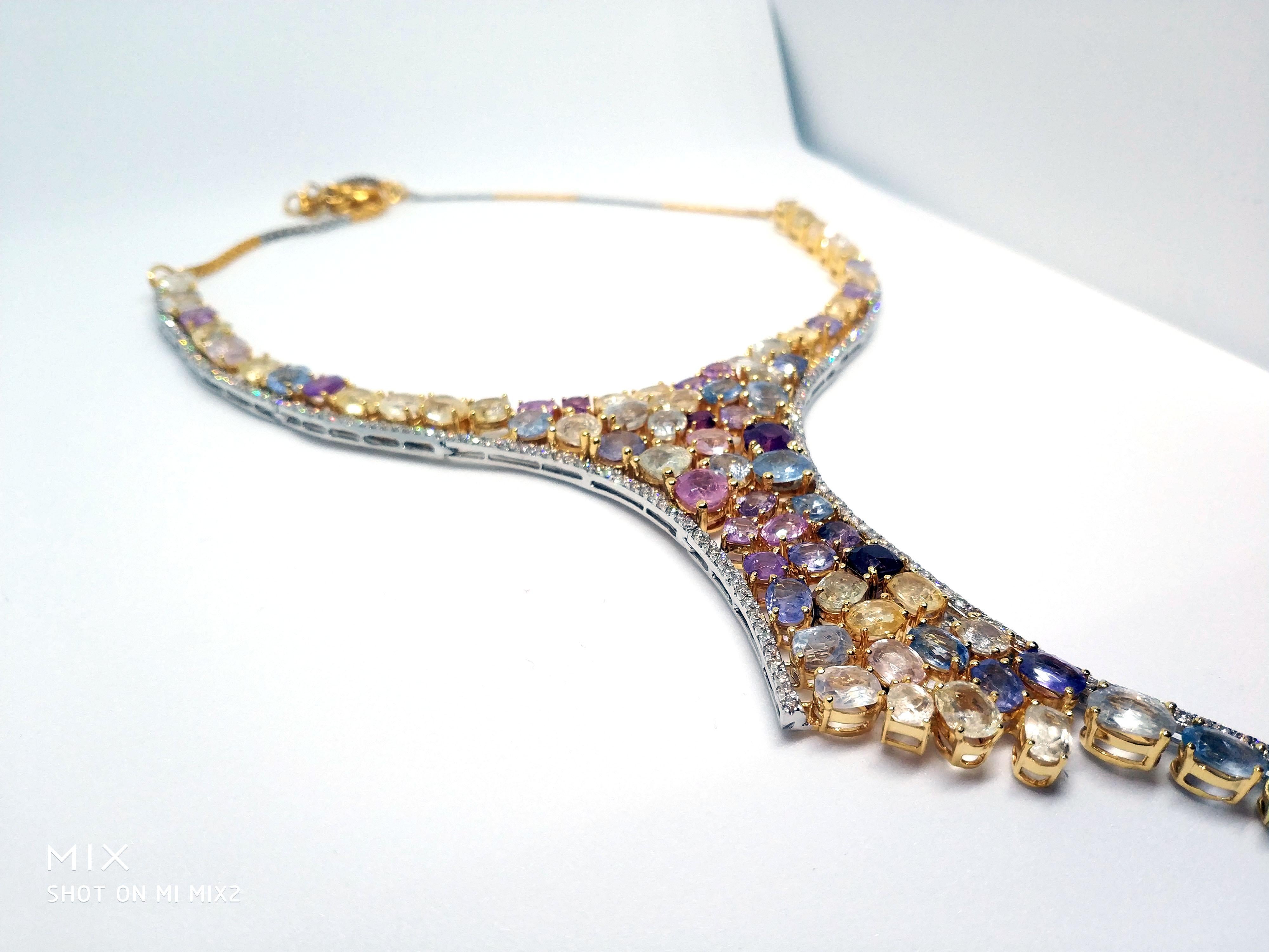 113 Carat Multicolored Sapphire and Diamond Necklace in Hourglass Design For Sale 2