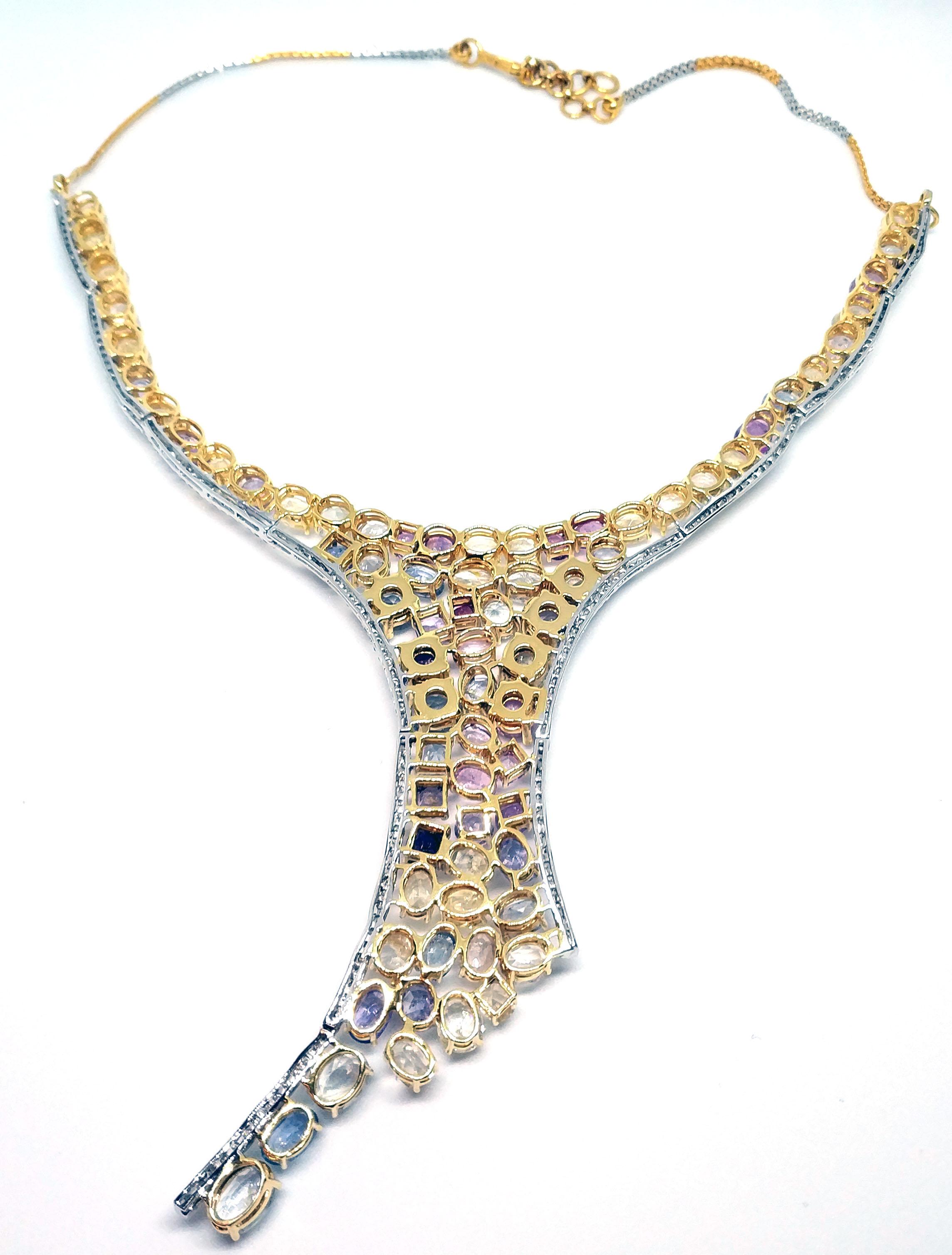 113 Carat Multicolored Sapphire and Diamond Necklace in Hourglass Design For Sale 3