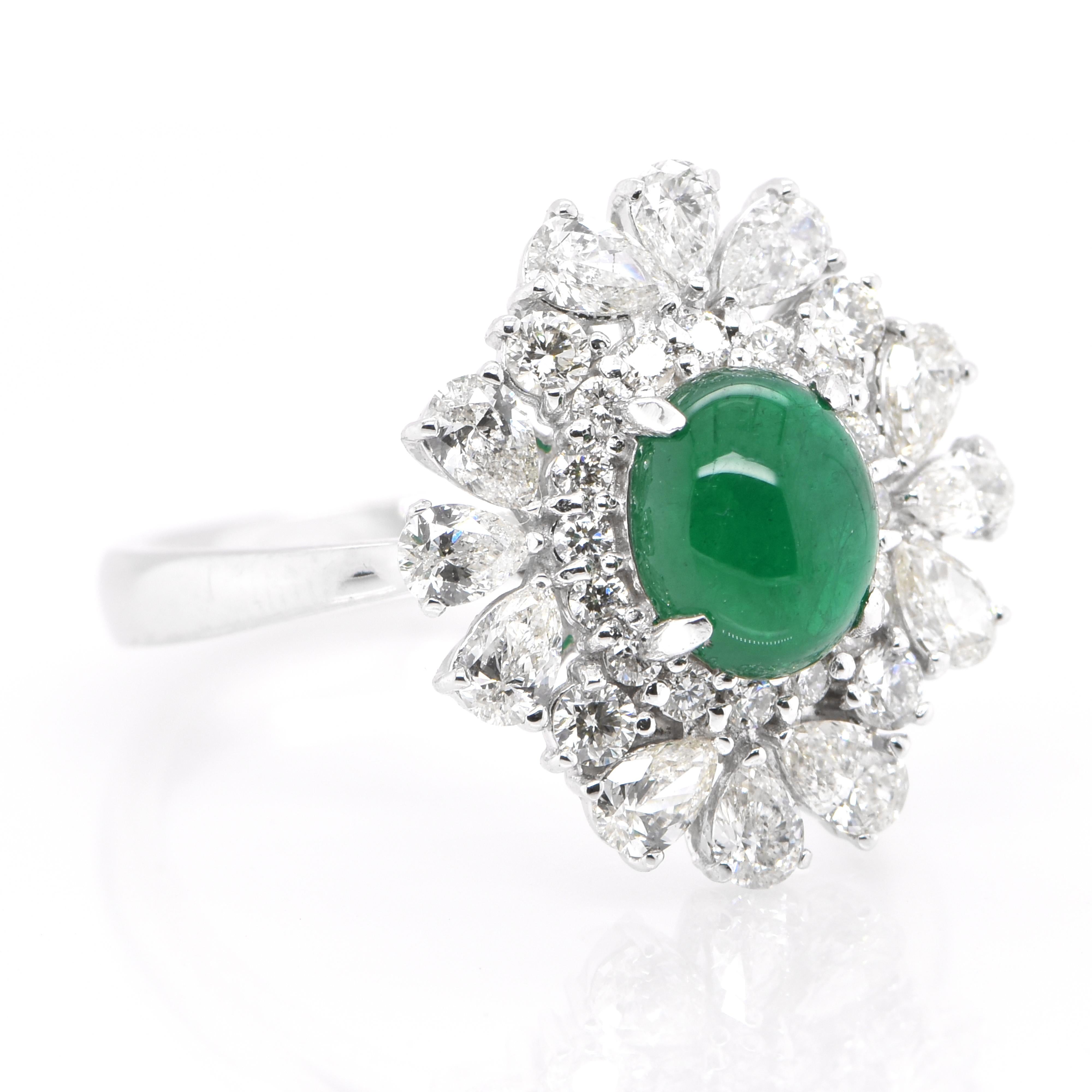 Modern 1.13 Carat Natural Emerald Cabochon and Diamond Ring Set in Platinum For Sale