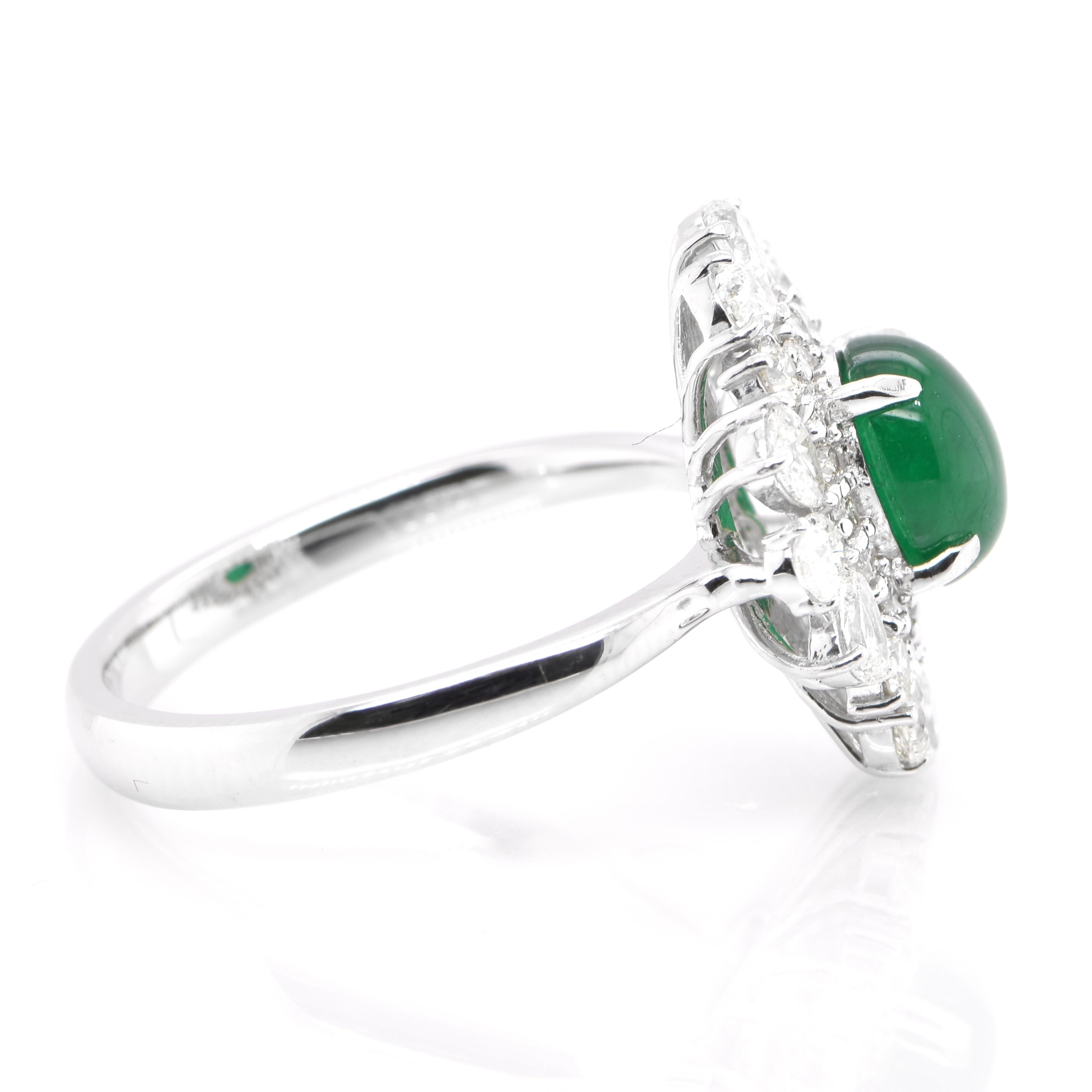 Women's 1.13 Carat Natural Emerald Cabochon and Diamond Ring Set in Platinum For Sale