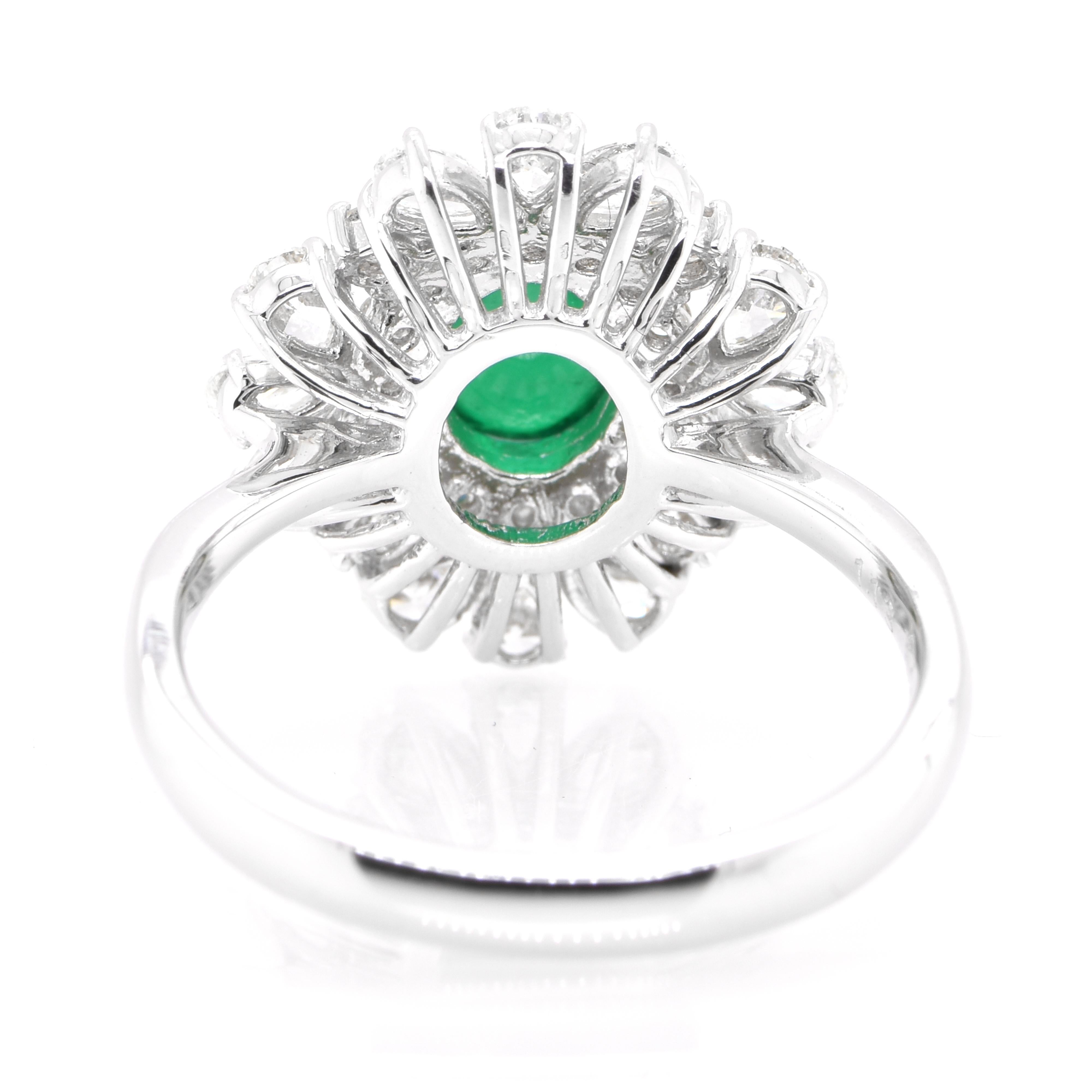 1.13 Carat Natural Emerald Cabochon and Diamond Ring Set in Platinum For Sale 1
