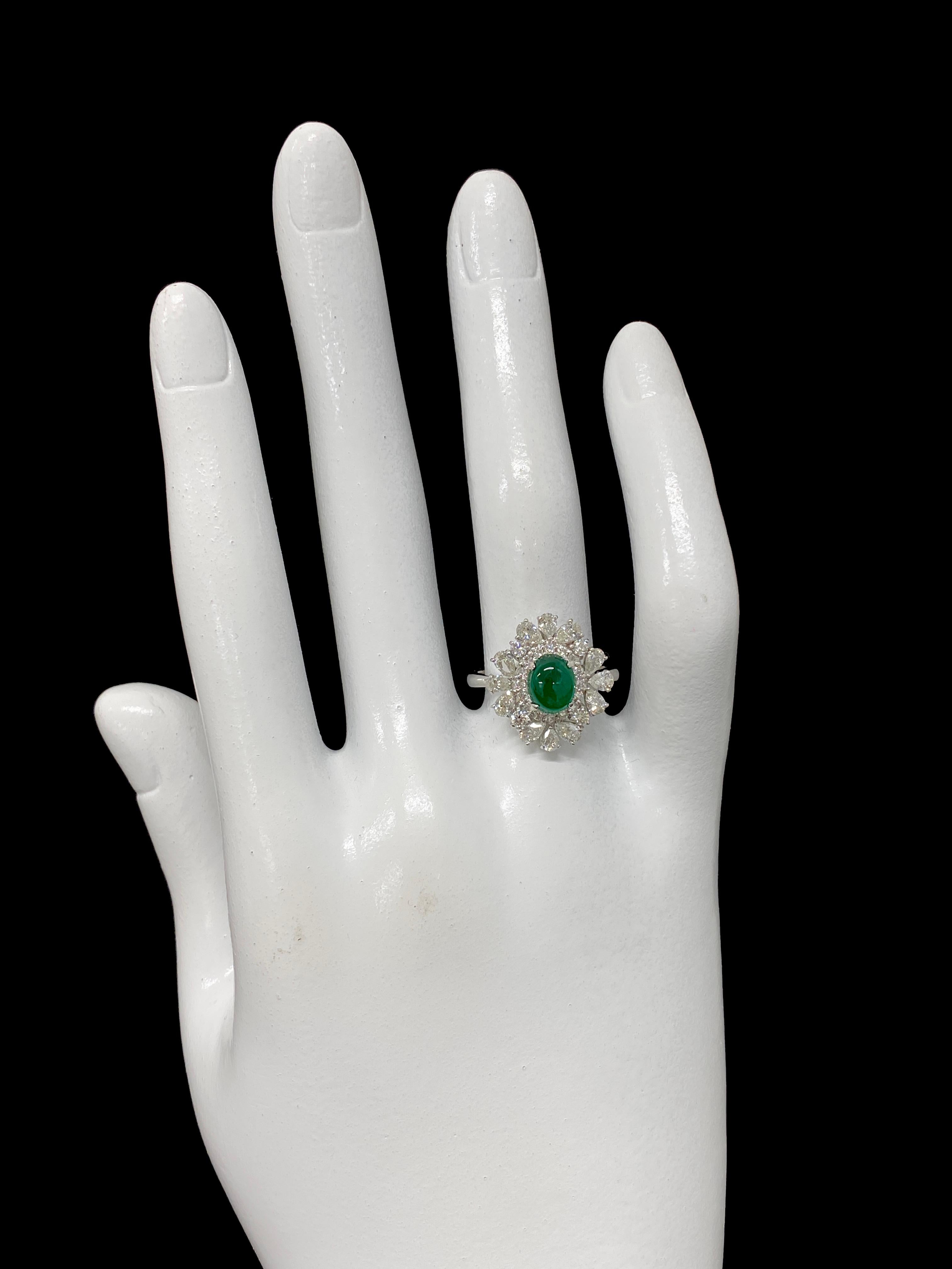 1.13 Carat Natural Emerald Cabochon and Diamond Ring Set in Platinum For Sale 2