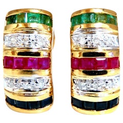 1.13 Carat Natural Emerald Sapphire Ruby Baguette Diamonds Clip Earrings 14k