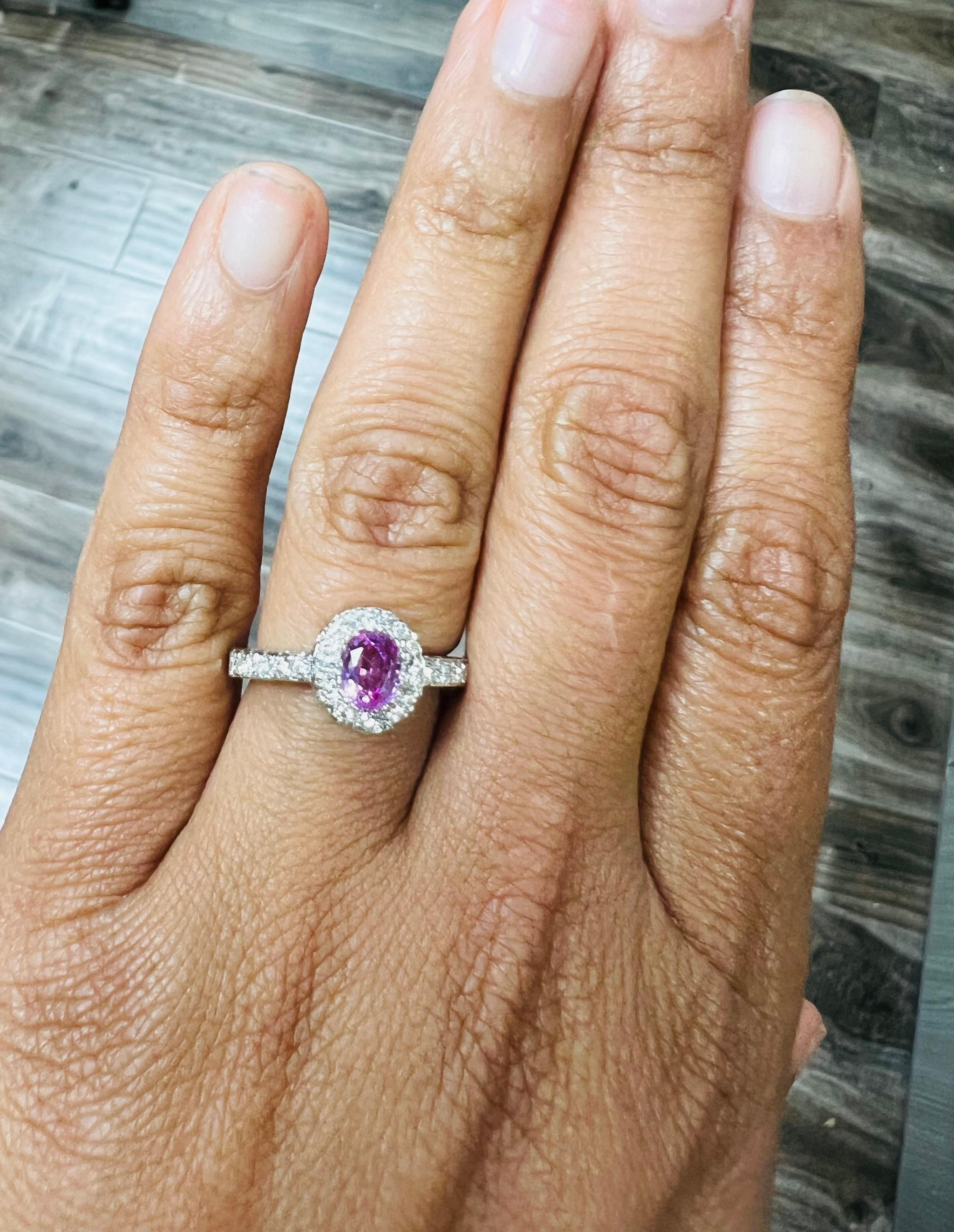 Anillo de oro blanco de 14 quilates con diamante zafiro rosa natural de 1,13 quilates en venta 2
