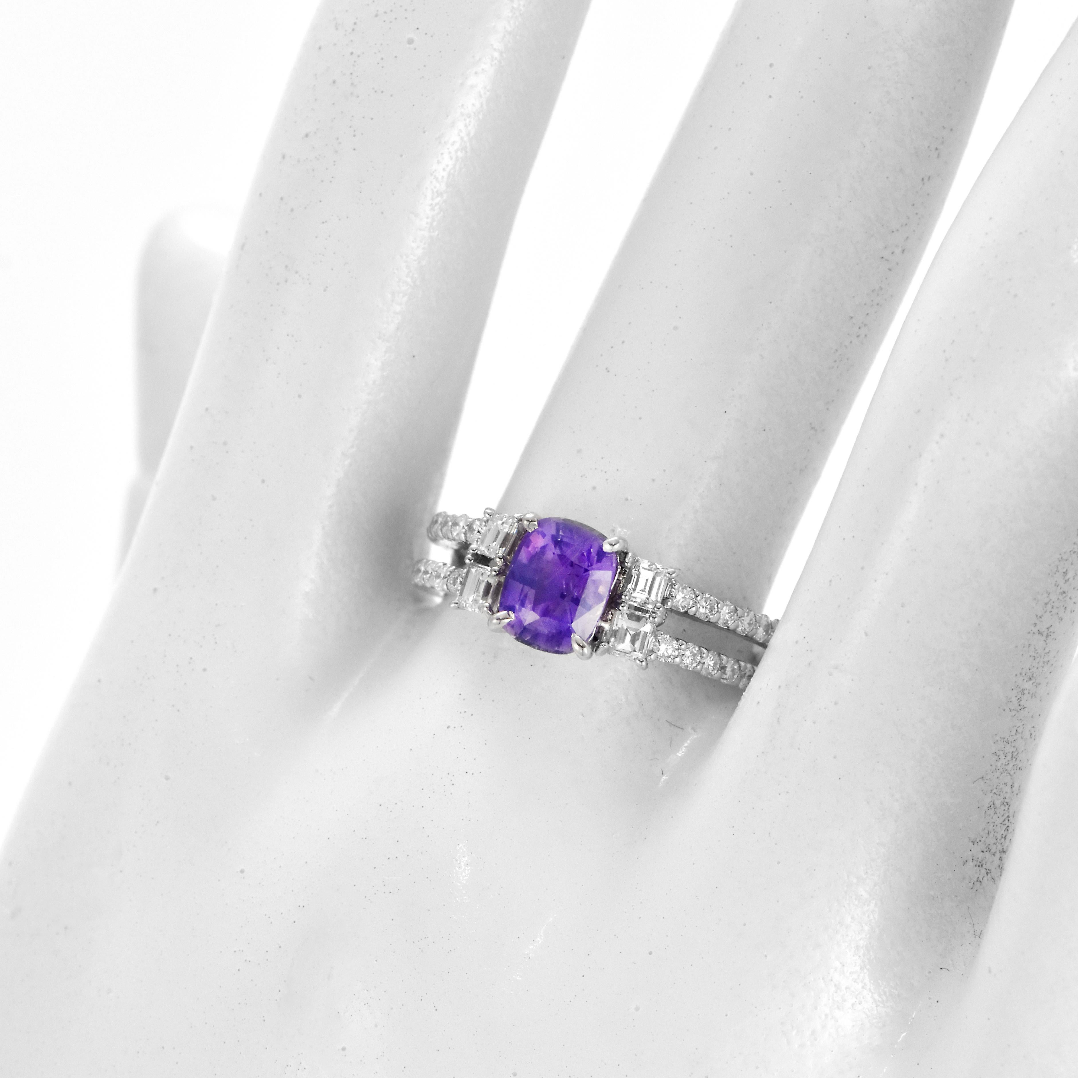 1.13 Carat Natural Unheated Purple Sapphire and Diamond Ring Made in Platinum For Sale 5