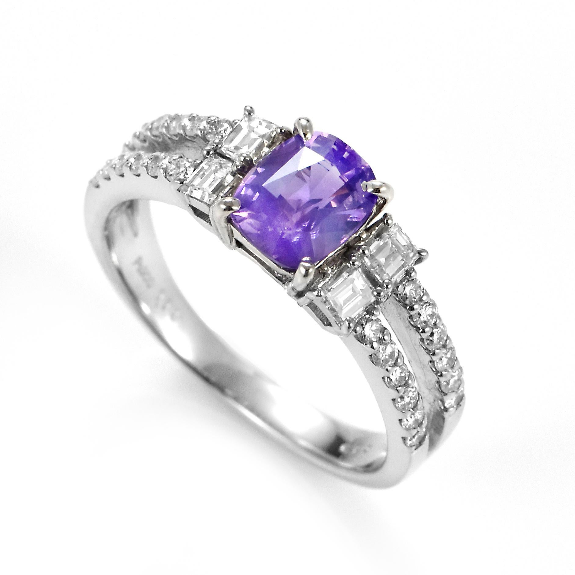 A beautiful Ring set in Platinum featuring a 1.13 Carat Natural Pink Sapphire and 0.51 Carat Diamonds. Sapphires have extraordinary durability - they excel in hardness as well as toughness and durability making them very popular in jewelry.