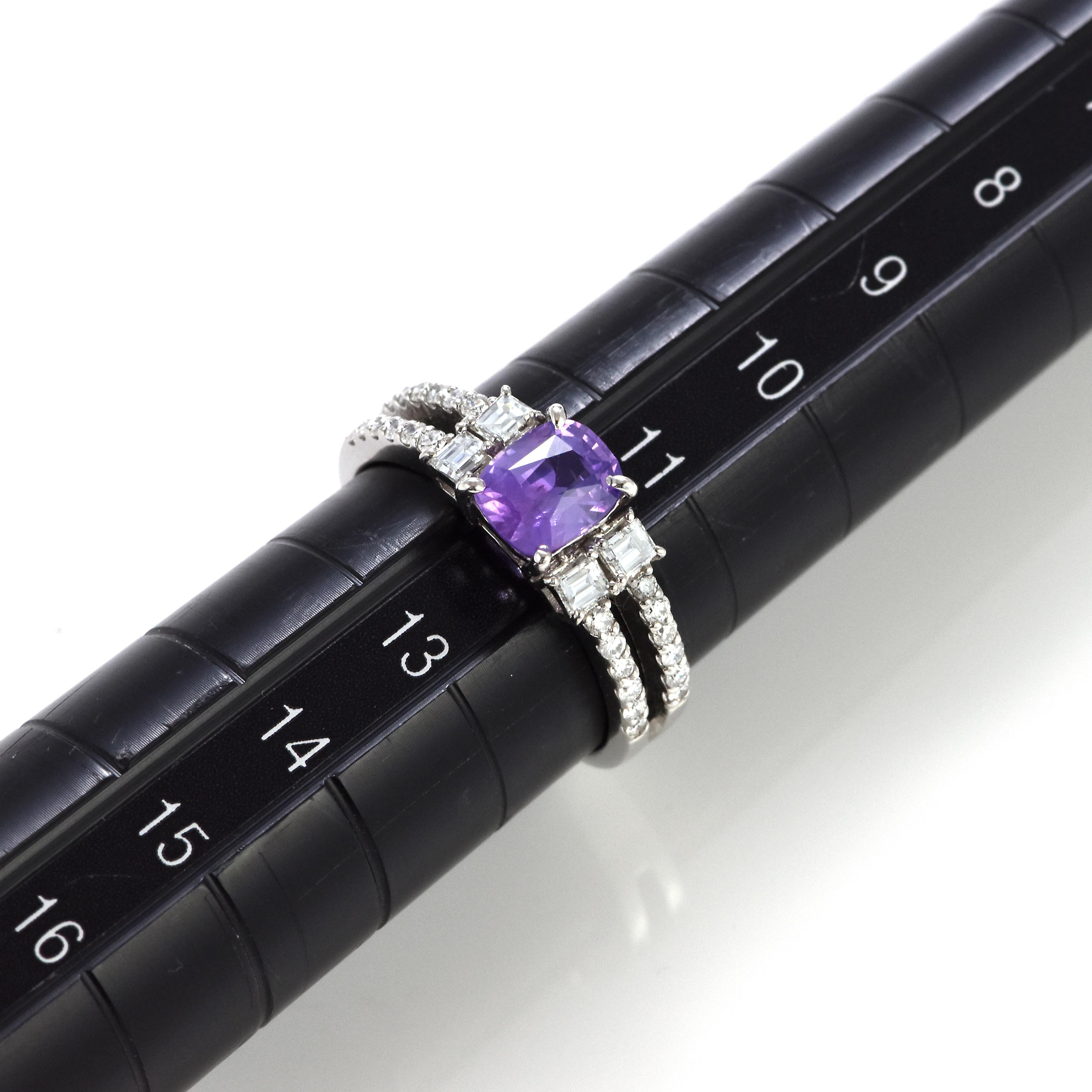 1.13 Carat Natural Unheated Purple Sapphire and Diamond Ring Made in Platinum For Sale 2