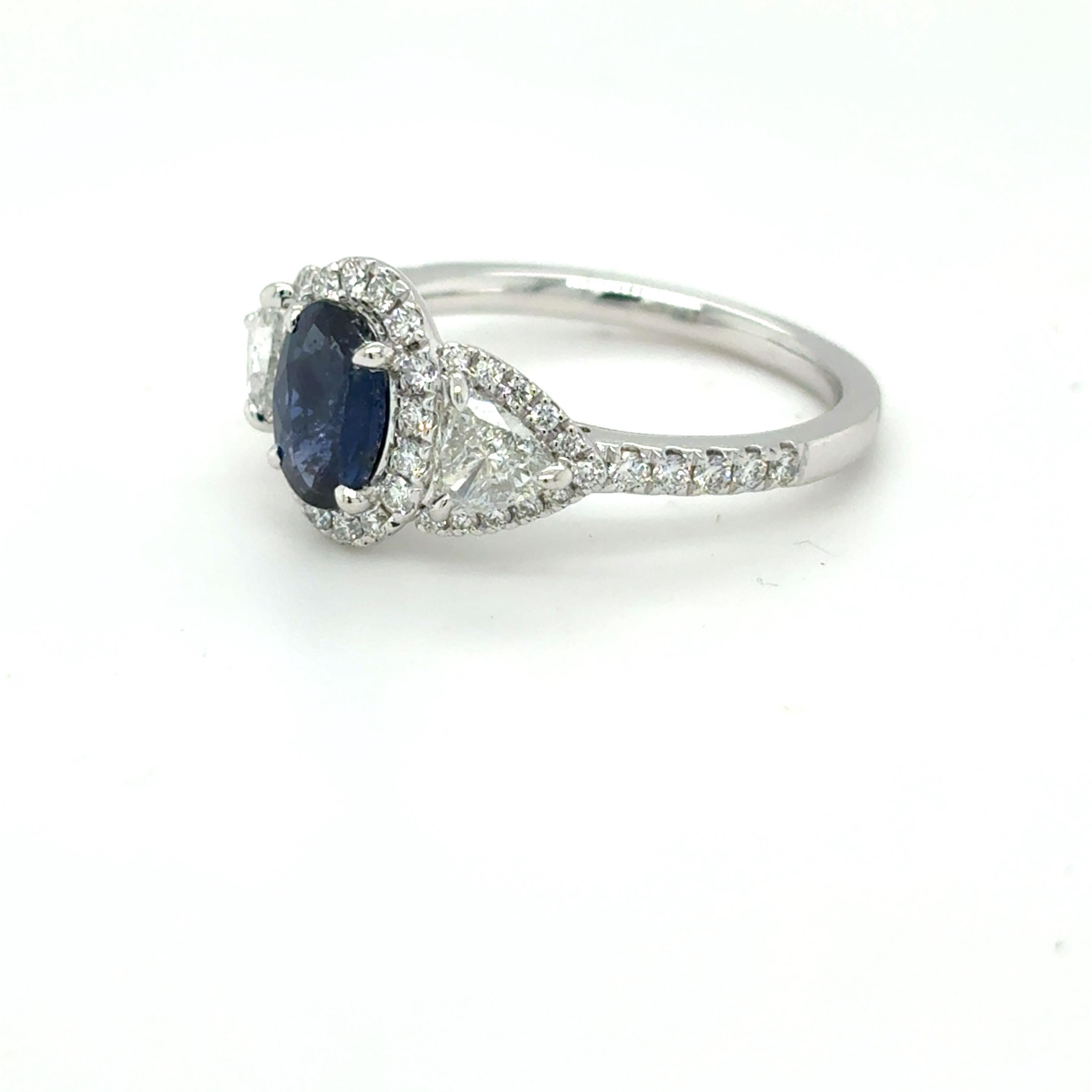 1.13 Carat Oval Cut Blue Sapphire Diamond Platinum Ring For Sale 11