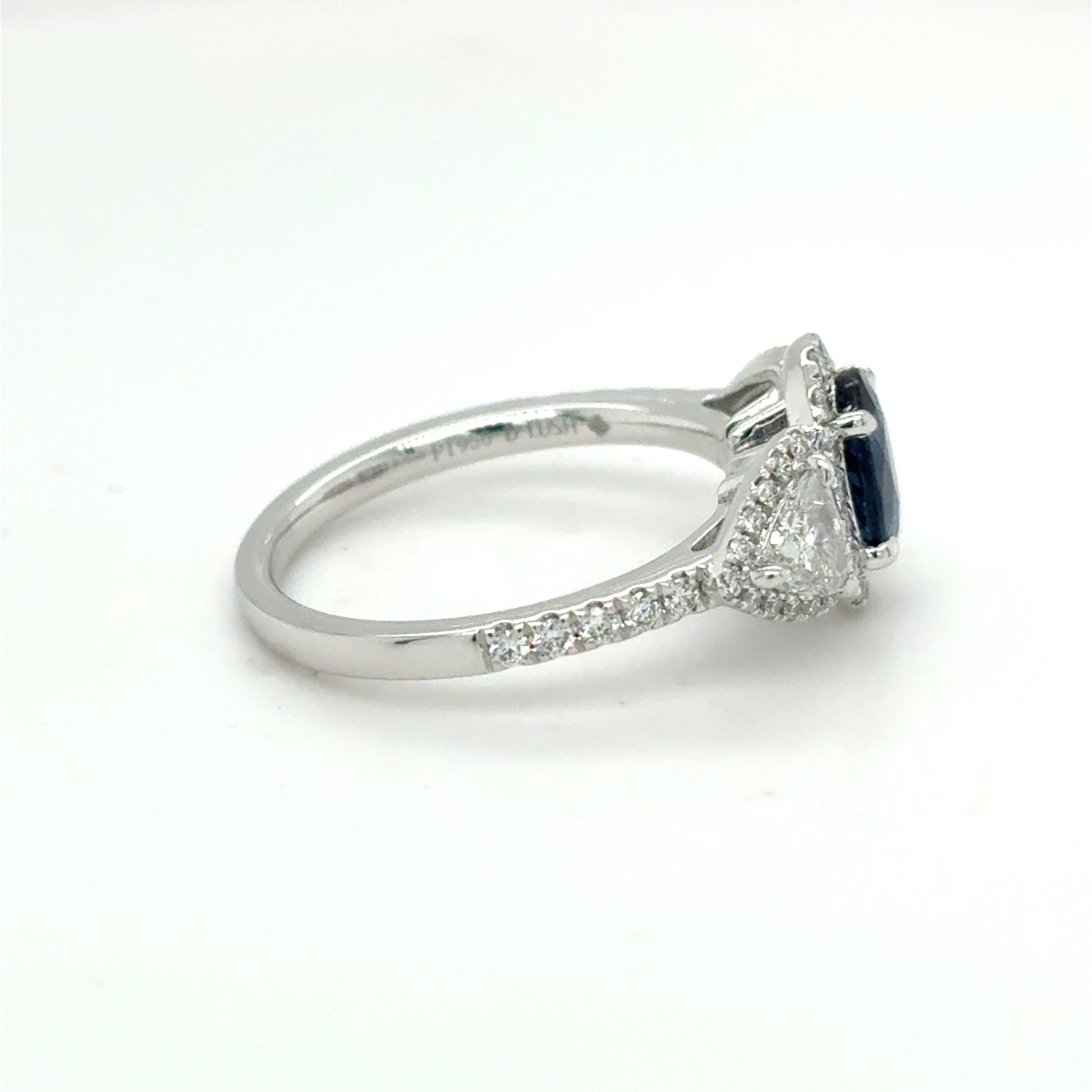 1.13 Carat Oval Cut Blue Sapphire Diamond Platinum Ring For Sale 1