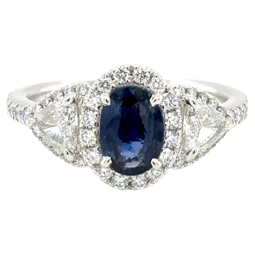 1.13 Carat Oval Cut Blue Sapphire Diamond Platinum Ring For Sale