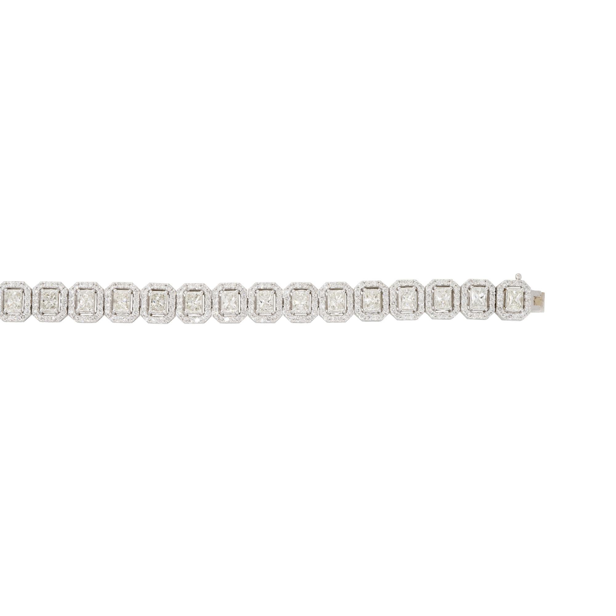 Women's 11.3 Carat Radiant Cut Diamond Halo Tennis Bracelet 18 Karat in Stock For Sale