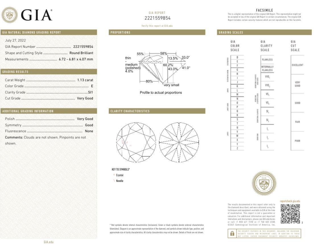Era: New 

Composition: Platinum

Primary Stone: Round Brilliant Cut Diamond

Carat Weight: 1.13 Carats

Color/ Clarity: E / SI1

GIA Report Number: 2221559854

Accent Stone: Two Baguette Cut Diamonds

Carat Weight: Approximately 0.20 Carats in