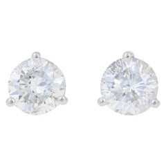 1.13 Carat Round Brilliant Diamond Earrings, 14 Karat White Gold Pierced Studs