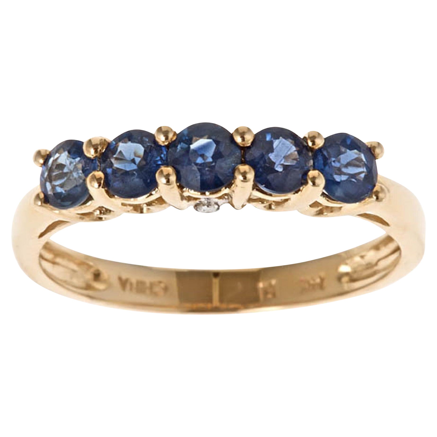 Anillo de oro amarillo de 14 quilates con acentos de diamantes y zafiro azul de corte redondo de 1,13 quilates