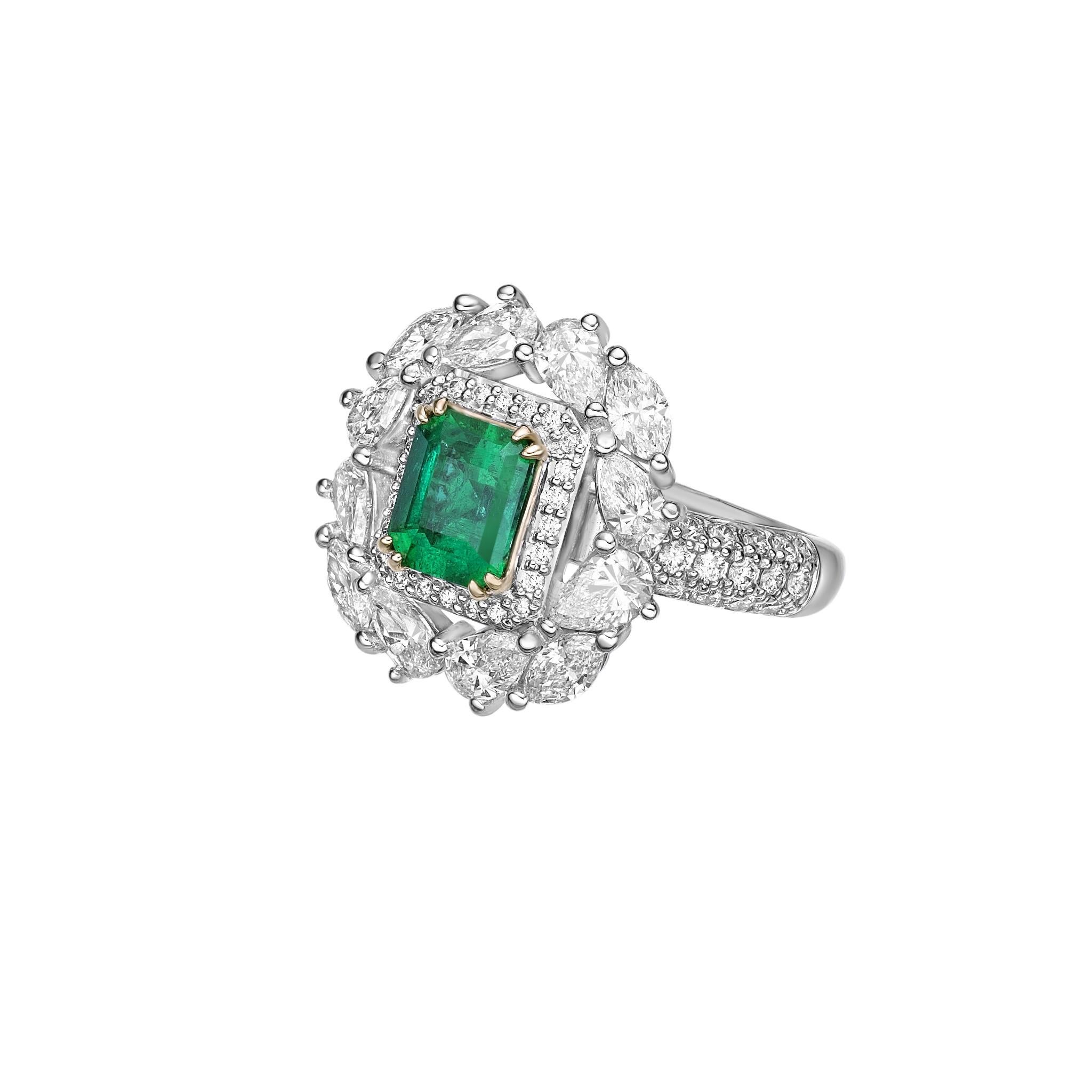 Octagon Cut 1.13 Carat Sunflower Emerald Bridal Ring in 18KWYG with White Diamond. For Sale