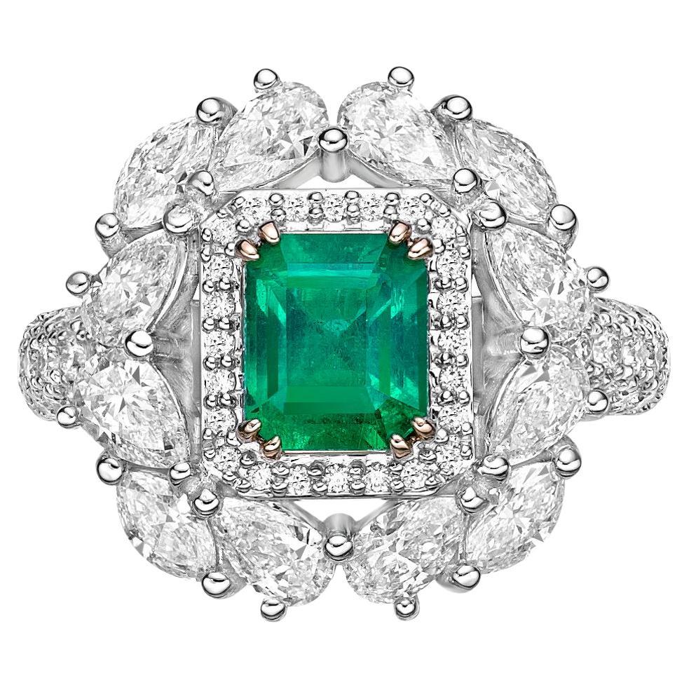 1.13 Carat Sunflower Emerald Bridal Ring in 18KWYG with White Diamond. For Sale