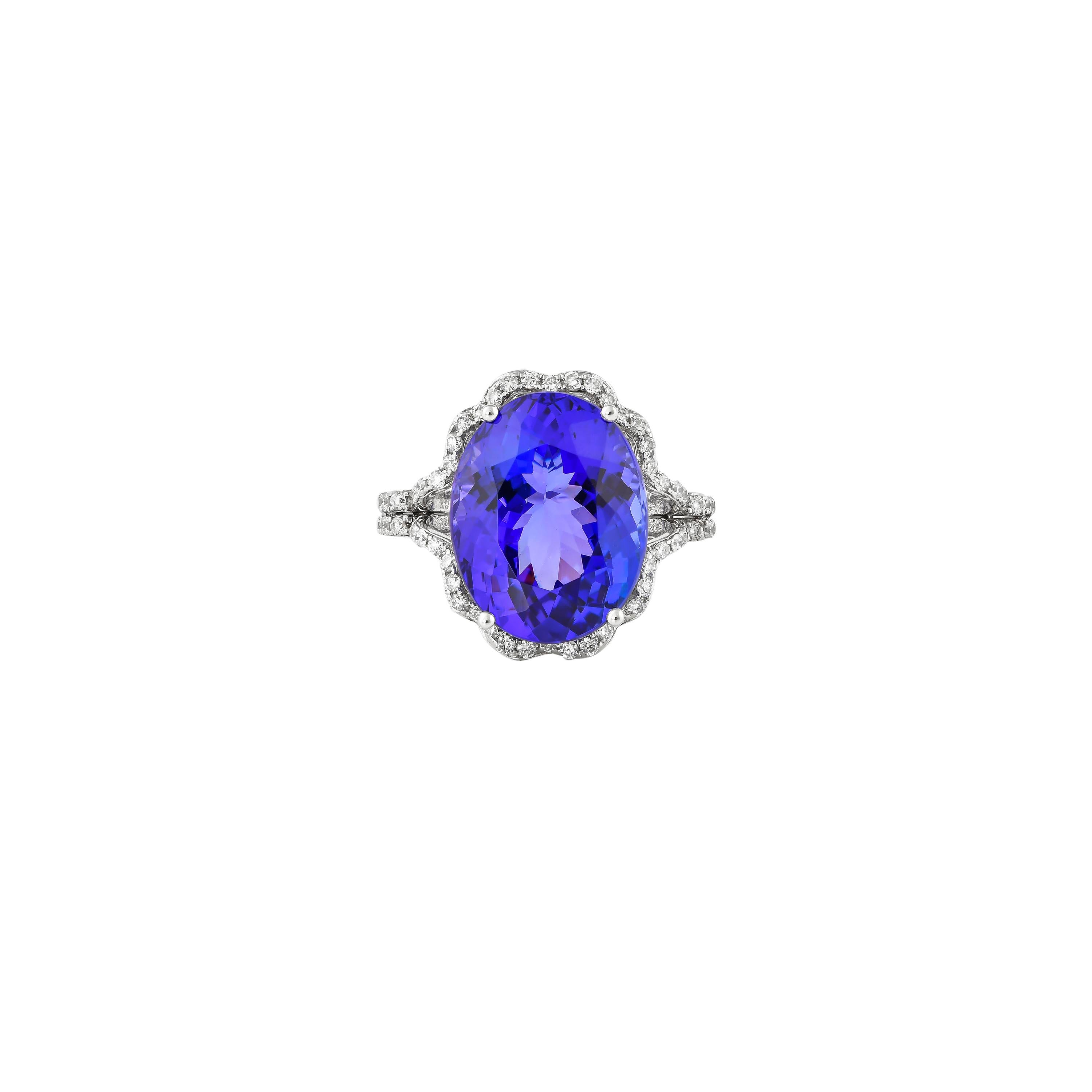 Oval Cut 11.3 Carat Tanzanite and White Diamond Ring in 18 Karat White Gold For Sale
