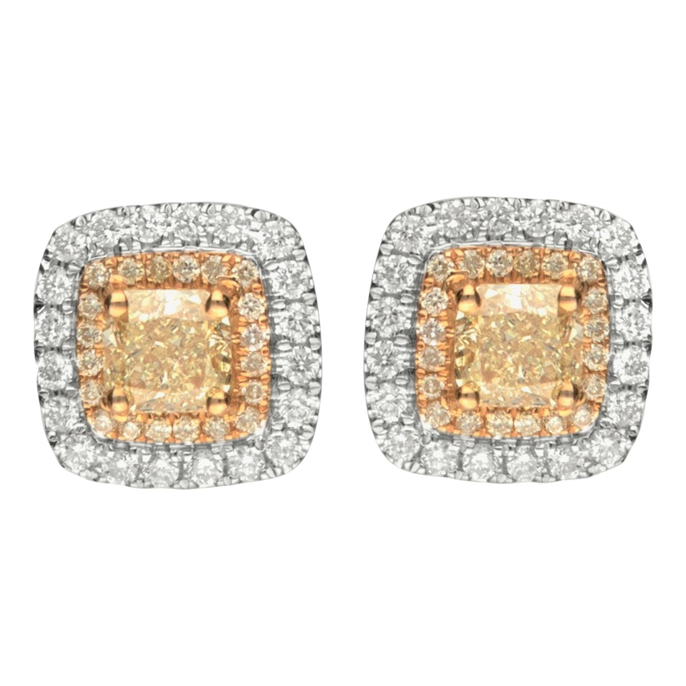 1.13 Carat T.W. Yellow Diamond 14 Karat Two-Tone Gold Stud Earrings For Sale
