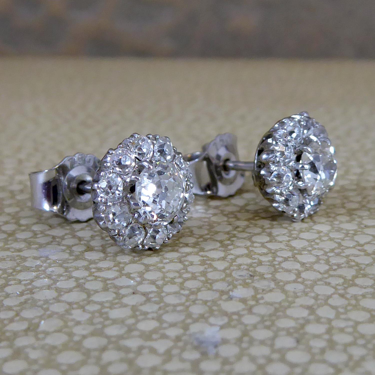 Old European Cut 1.13 Carat Vintage Diamond Earrings in White Cluster Head Settings