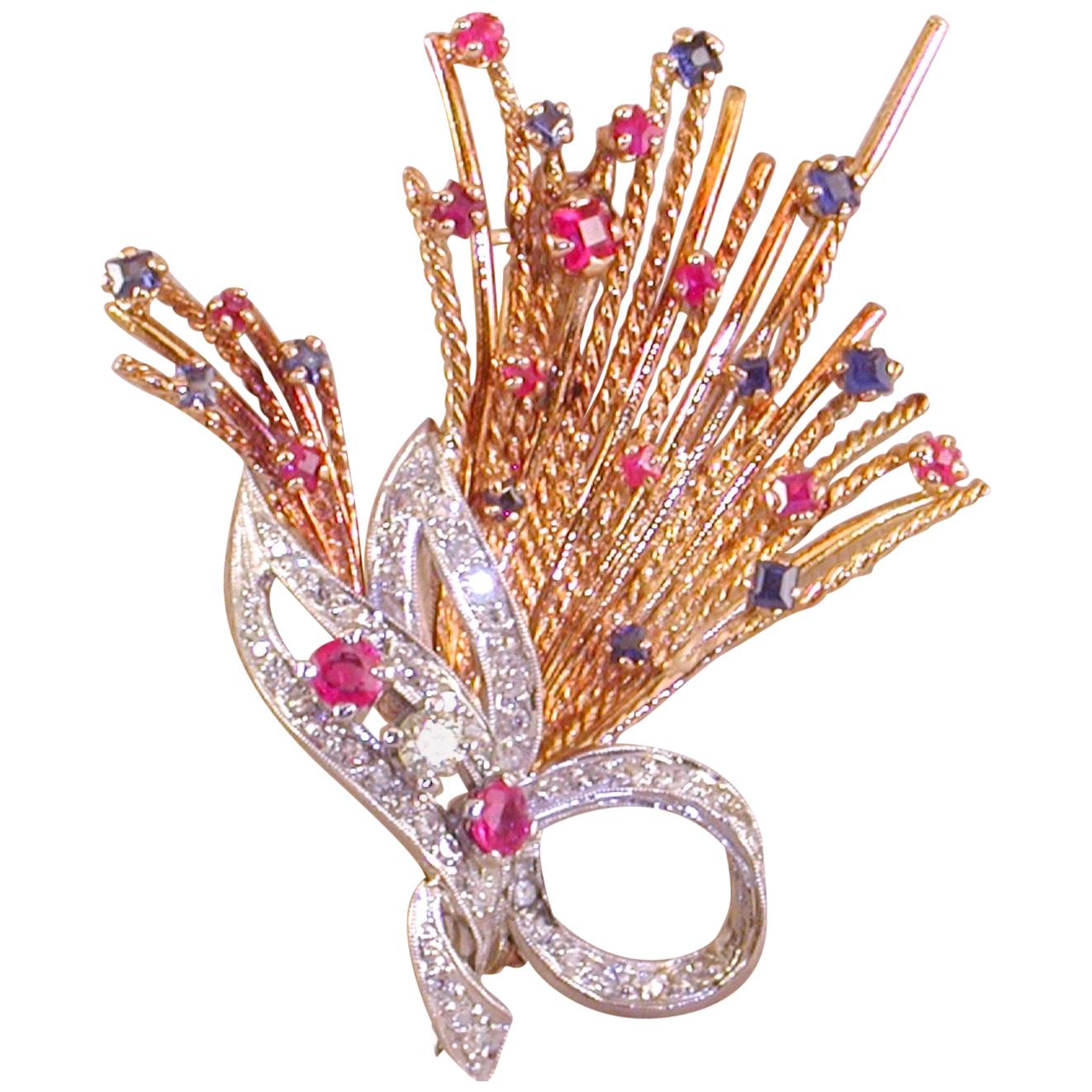 1.13 Carat Vintage Yellow White Gold Diamond Sapphire Ruby Brooch For Sale