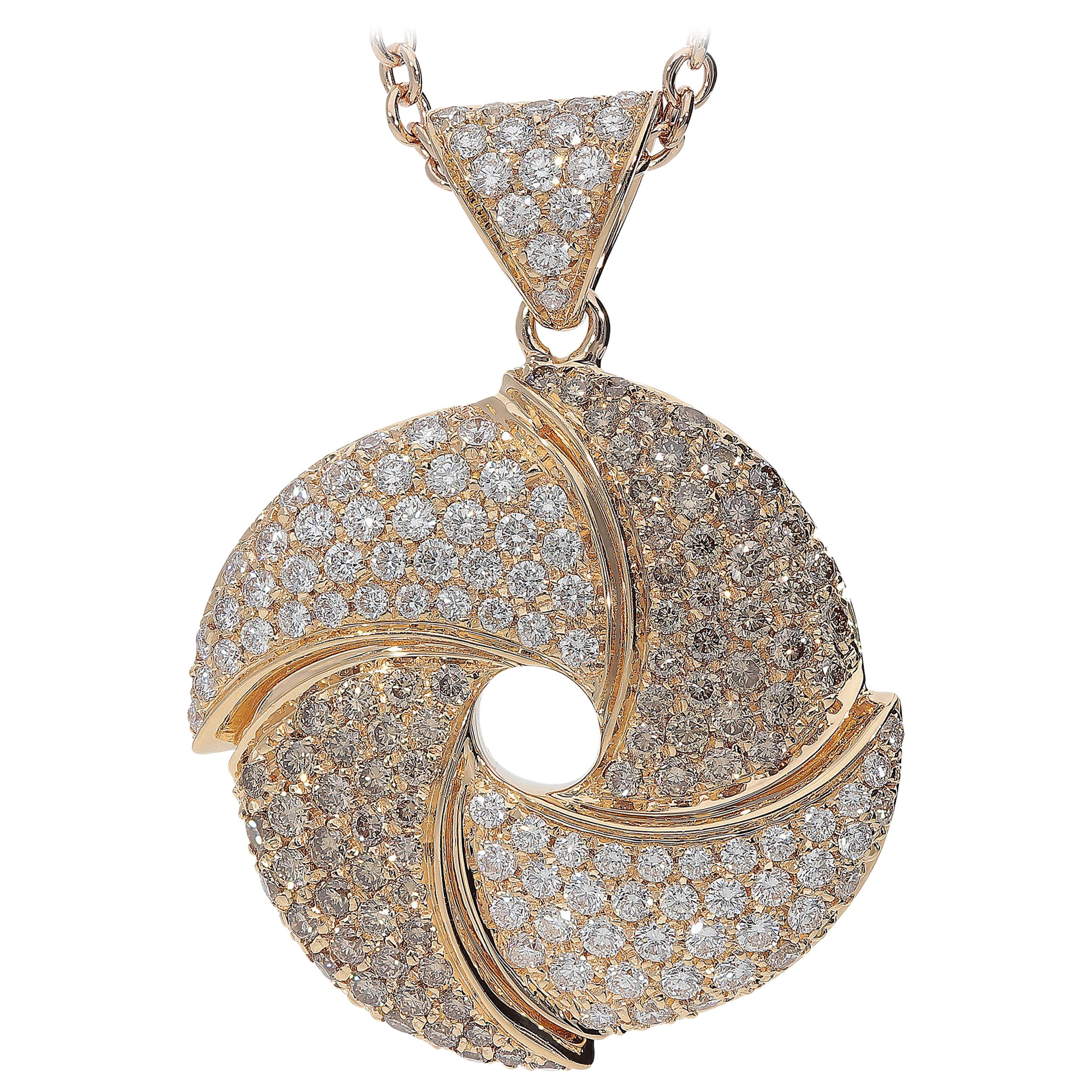 1.13 Carat White GSI 1.02 Carat Brown Diamonds 18 Karat Gold Pinwheel Necklace For Sale