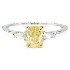 1.13 Carat Yellow Diamond Cushion Three Stone Ring 18K White Gold *1 of a Kind*