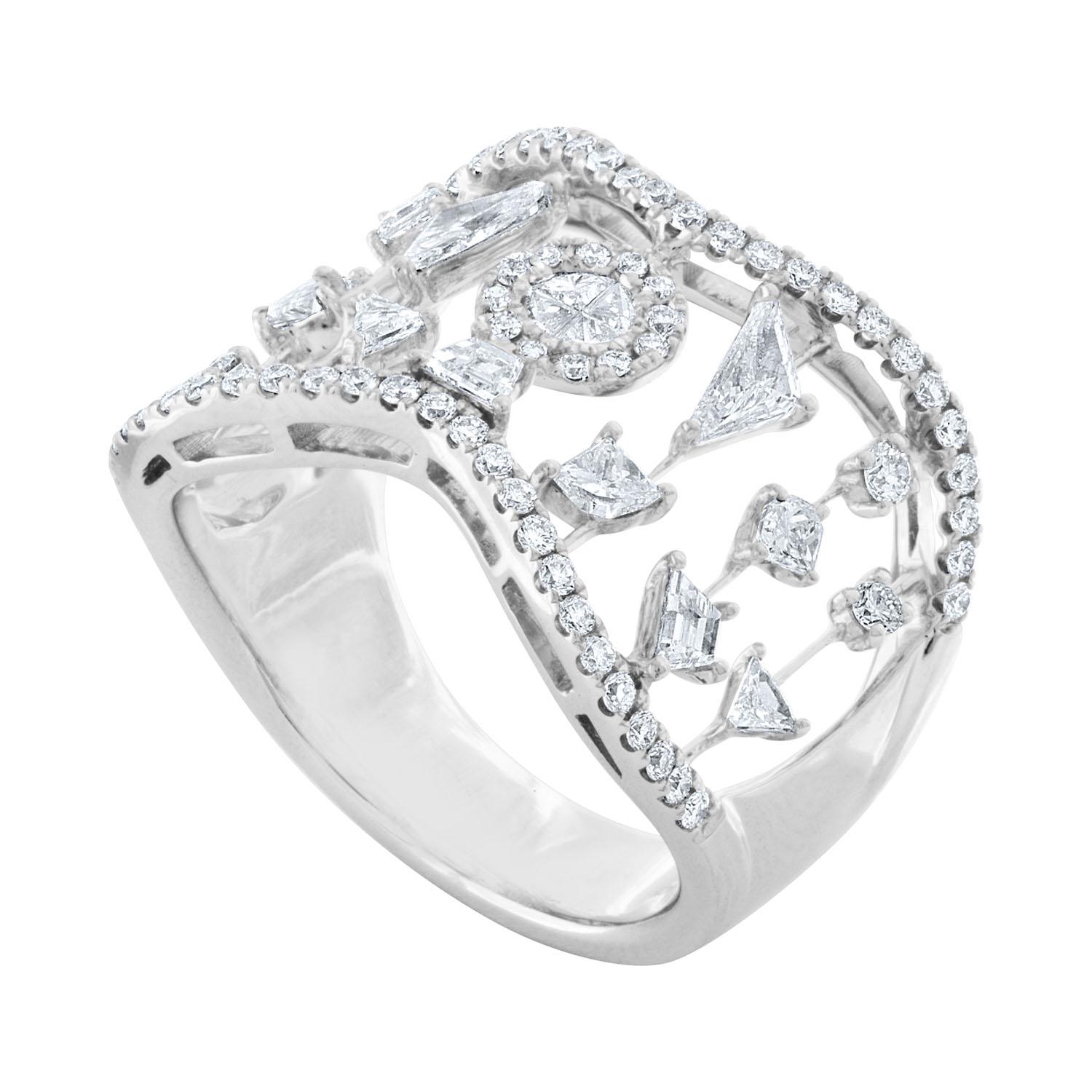 Geometric Diamond Shapes Scattered on Bars
The ring is 18K White Gold
The ring has 1.13 Carats in Diamonds G/H/I/J VS/SI
The ring is a size 6.5, sizable.
The ring weighs 8.00 grams.