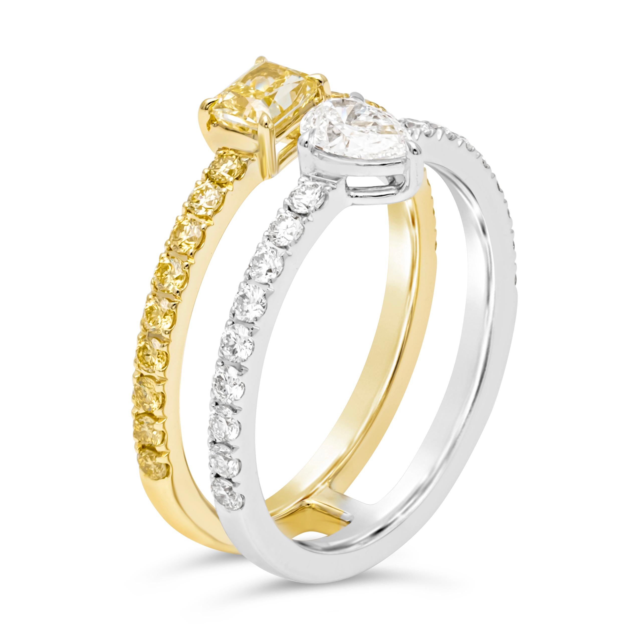 Contemporain Bague à la mode double anneau de diamants blancs et de couleur fantaisie de 1,13 carat au total en vente