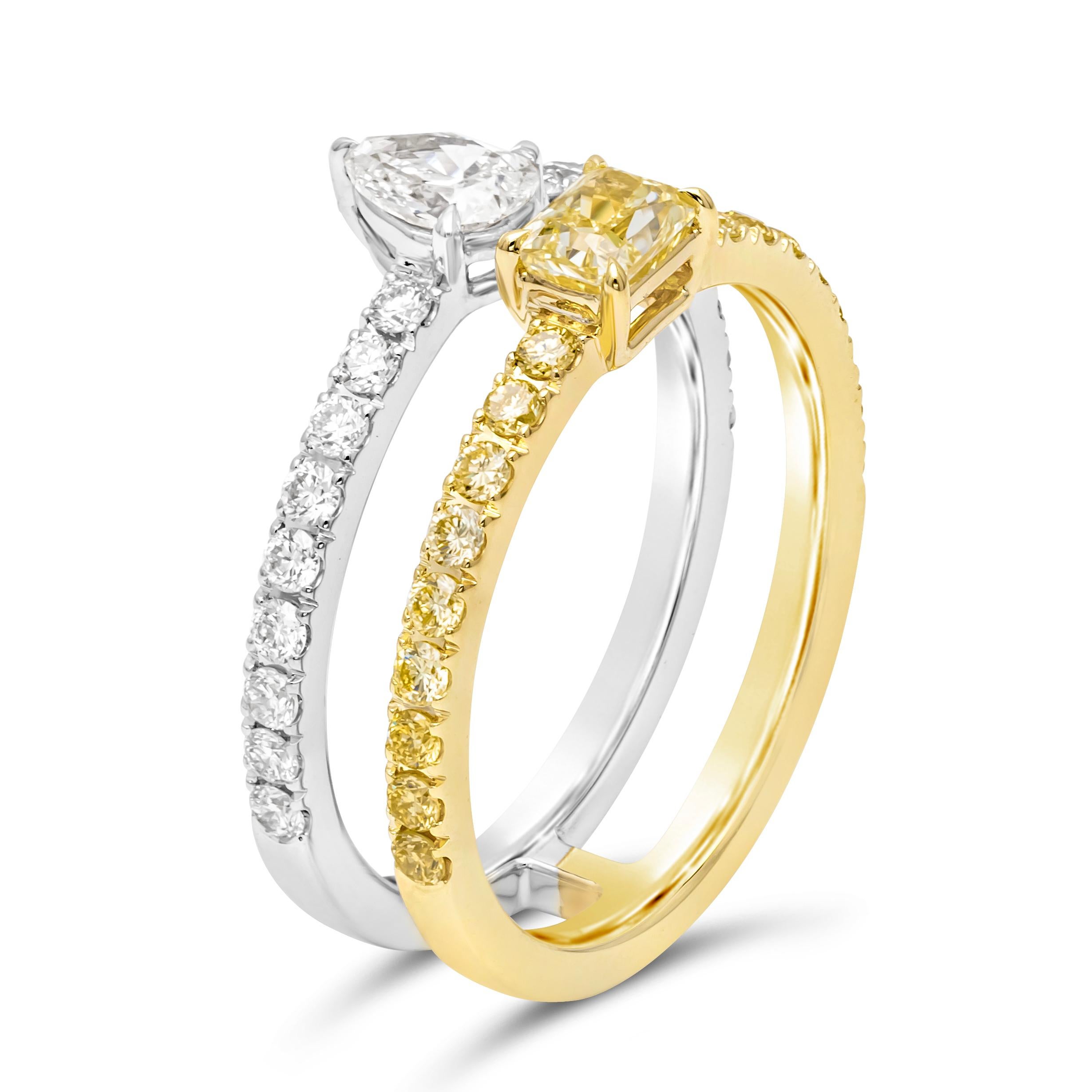 Taille mixte Bague à la mode double anneau de diamants blancs et de couleur fantaisie de 1,13 carat au total en vente