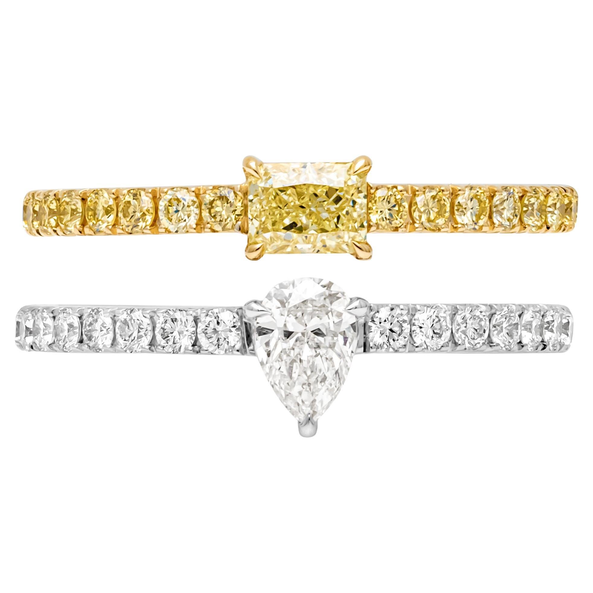 Bague à la mode double anneau de diamants blancs et de couleur fantaisie de 1,13 carat au total