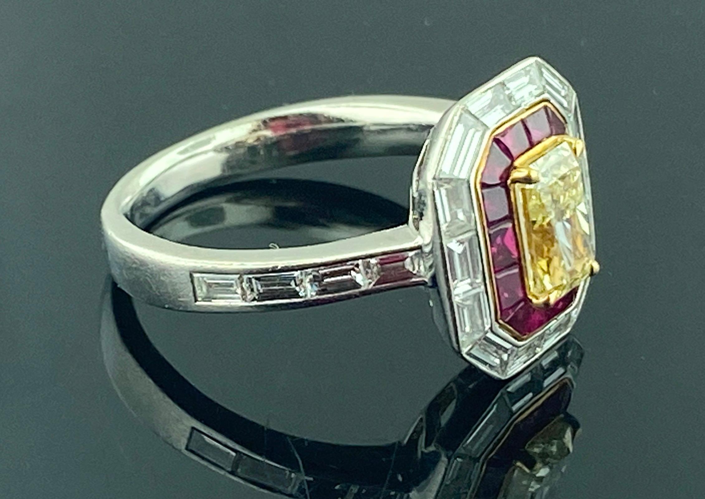 1.13 Ct Radiant Cut Diamond and Ruby Ring in Platinum In Excellent Condition For Sale In Palm Desert, CA