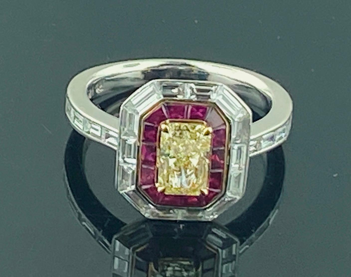 Women's or Men's 1.13 Ct Radiant Cut Diamond and Ruby Ring in Platinum For Sale