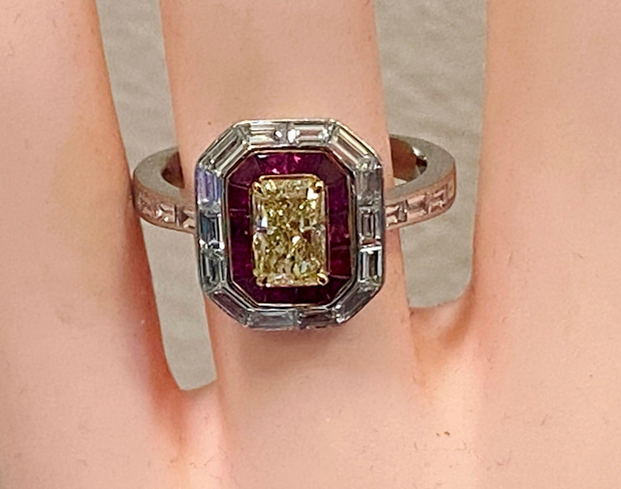 1.13 Ct Radiant Cut Diamond and Ruby Ring in Platinum For Sale 1